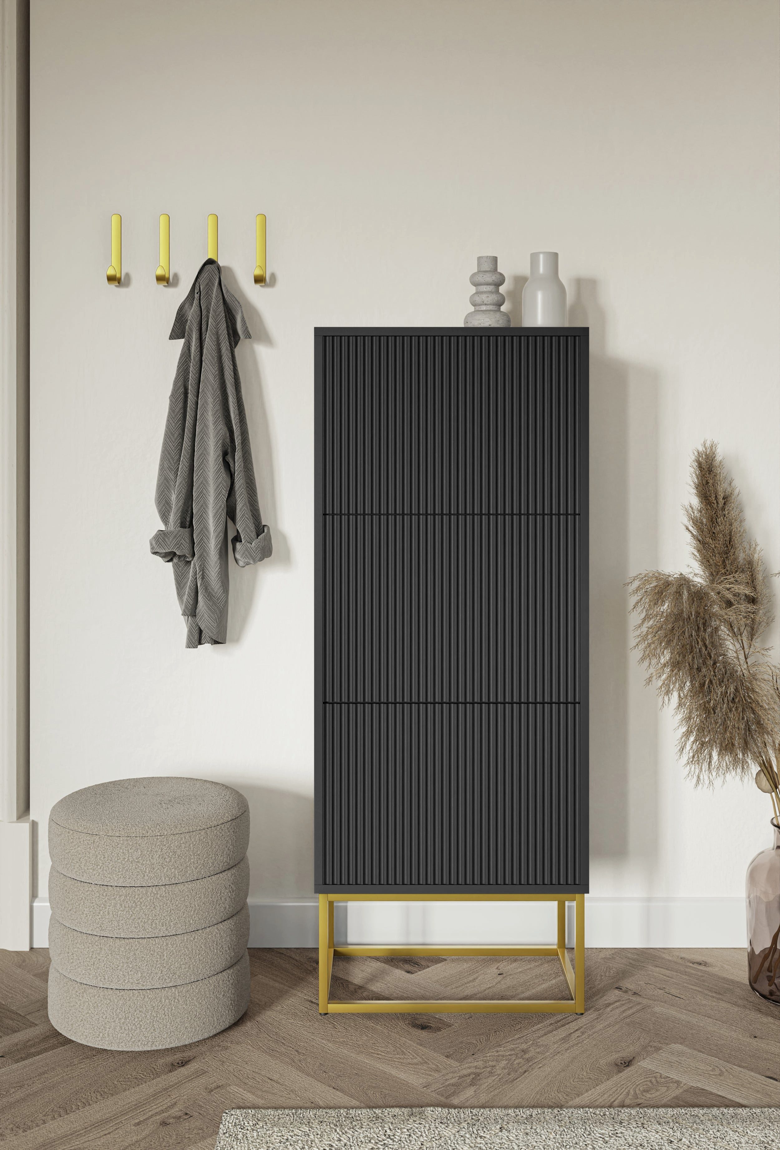 Selsey Schuhschrank VELDIO 3 Klappen mit geriffelten Fronten, goldenes Metallgestell, 50 cm