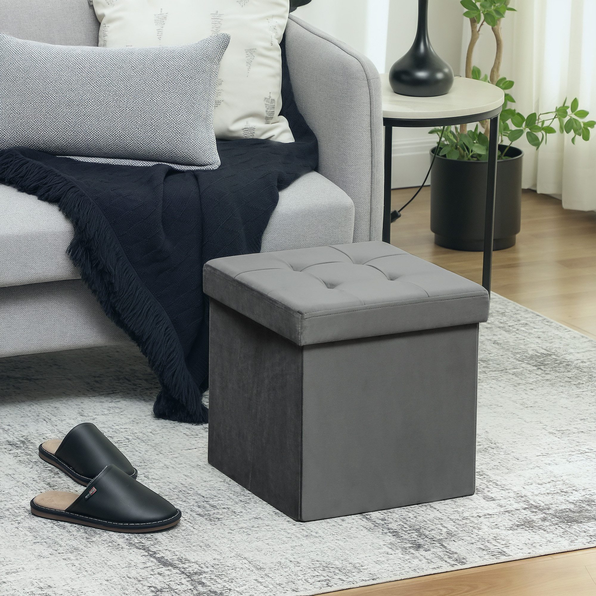 HOMCOM Sitzhocker Sitzhocker mit Stauraum, klappbar, mit Samtoptik, Grau (Fußhocker, 1 St., Sitzwürfel), Polsterhocker mit Samtoptik 38 x 38 x 38 cm Grau