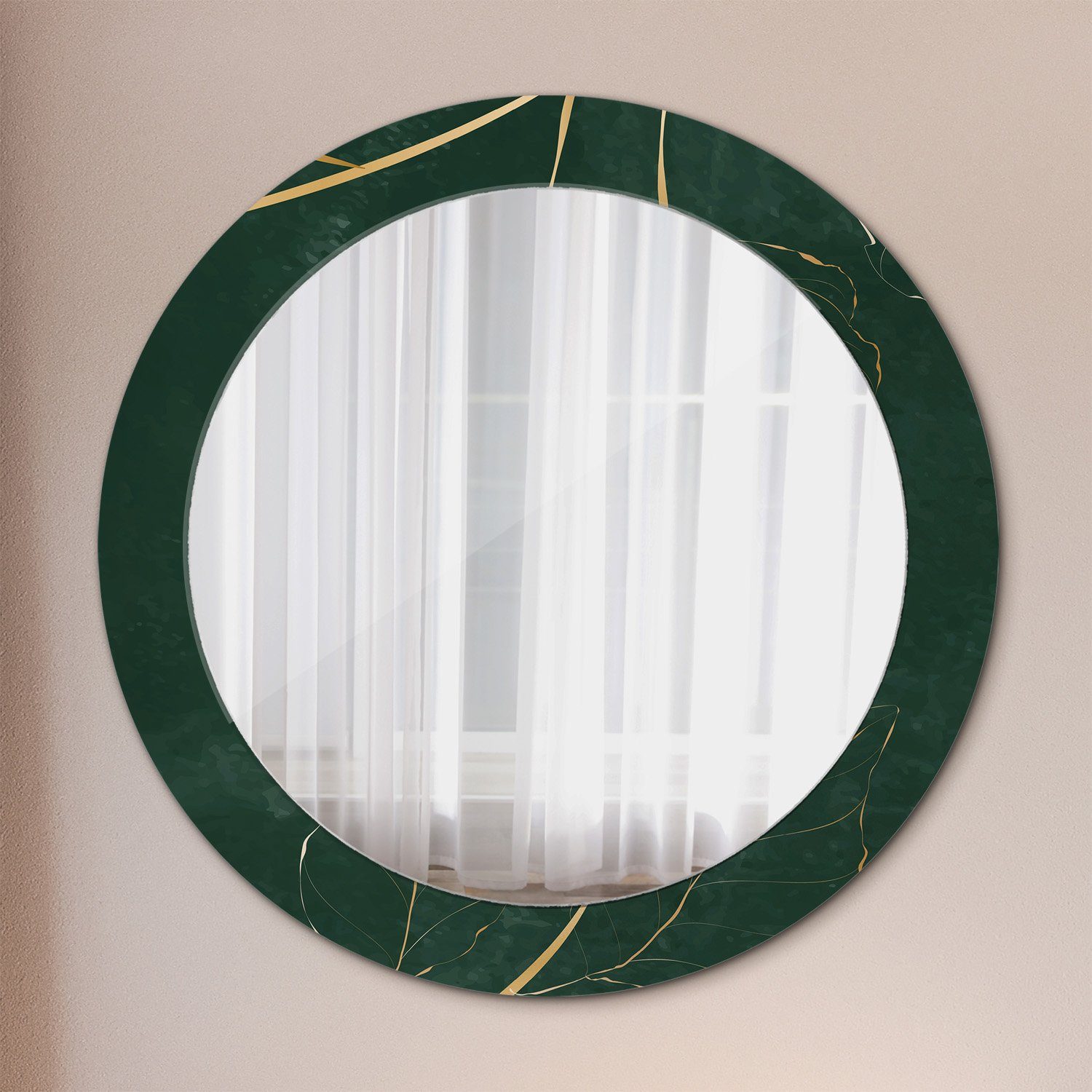 Dekospiegel Badezimmerspiegel Spiegel Tulup Rundspiegel Wandspiegel Leaves cm, Wohnzimmer Ø70 Aufdruck Golden mit Rund: