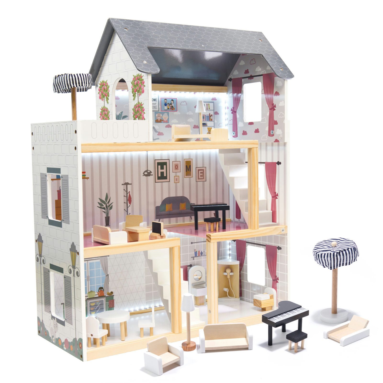 Ikonka Puppenhaus Großes XXXL Puppenhaus 78cm Schwarz mit LED & Möbeln – Ho günstig online kaufen