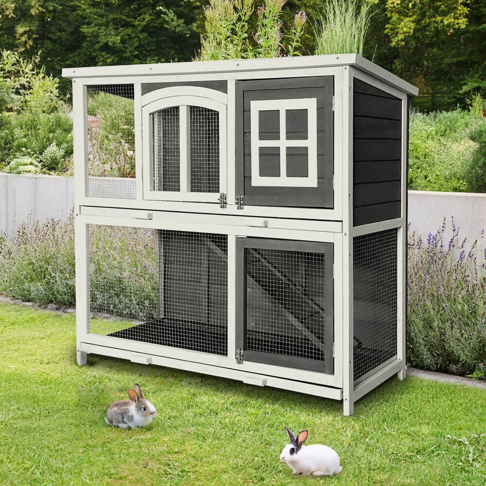 HOME DELUXE Kleintierstall Kaninchenstall aus Holz MINO - 122 x 50 x 108 cm -, wetterbeständig, Doppelstockhaus, Kaninchenstall für draußen