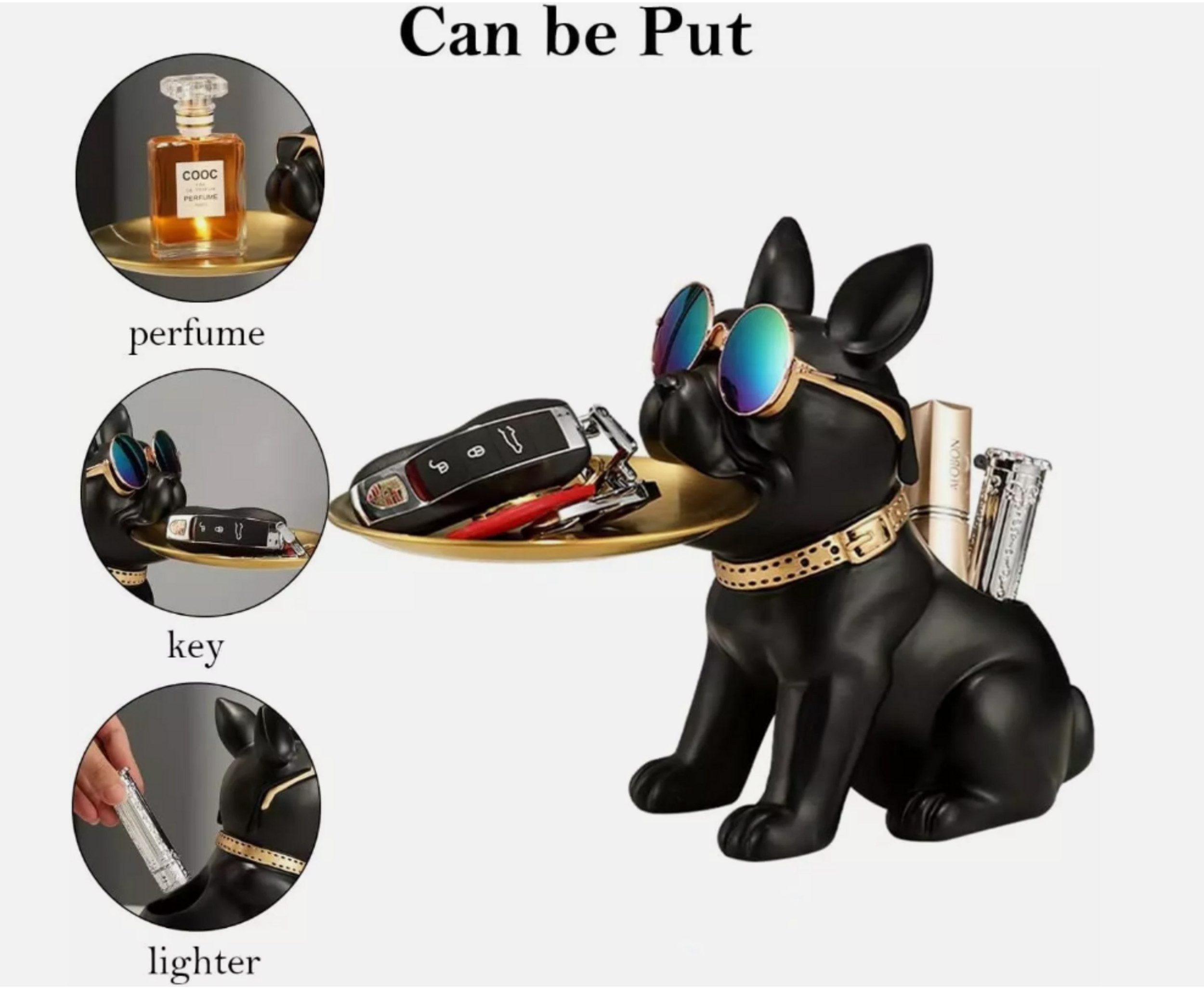 Holz Lichter Tierfigur Französische Bulldogge Figur Schlüssel Schale Schmuck (1 St), Aufbewahrungsbox Tablett