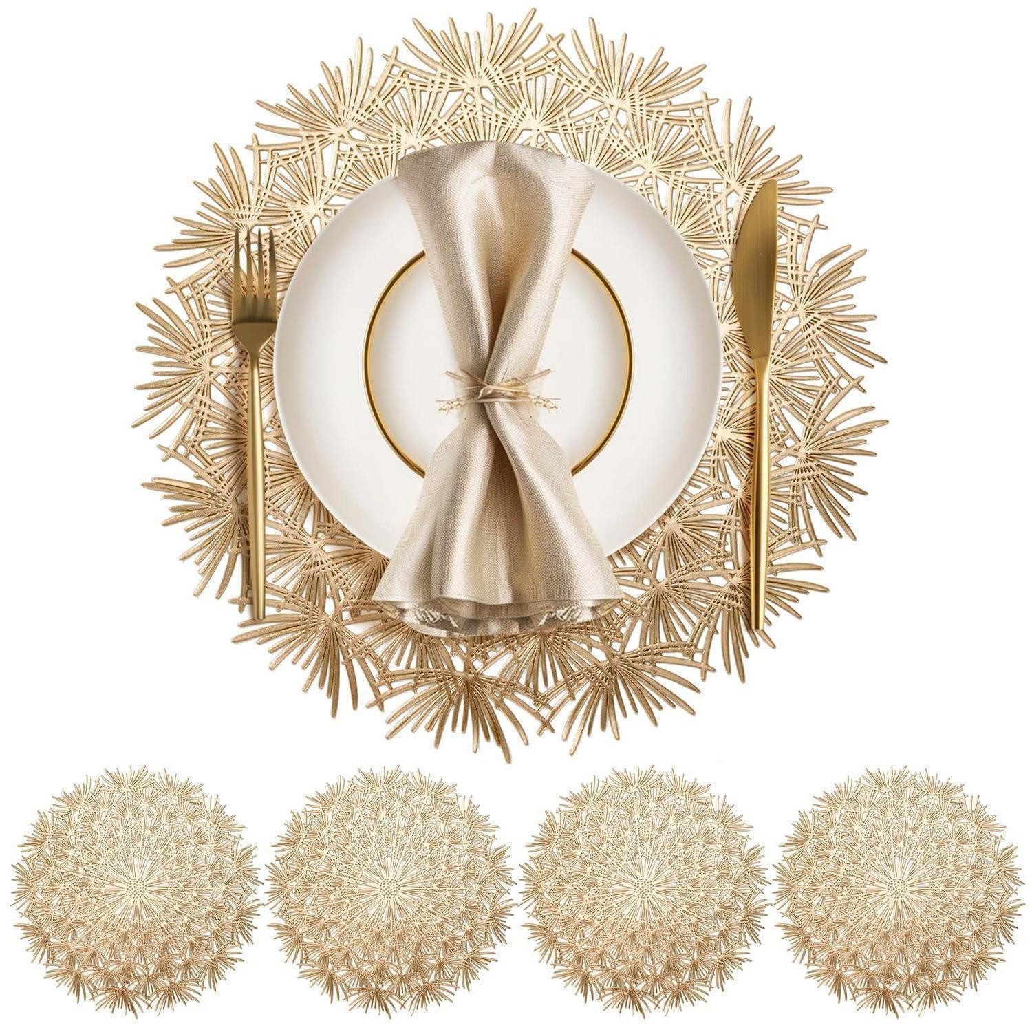 LuxusKollektion Platzset Platzset Rund 38cm Hitzebeständig PVC Gold 4er Set, (4-St)