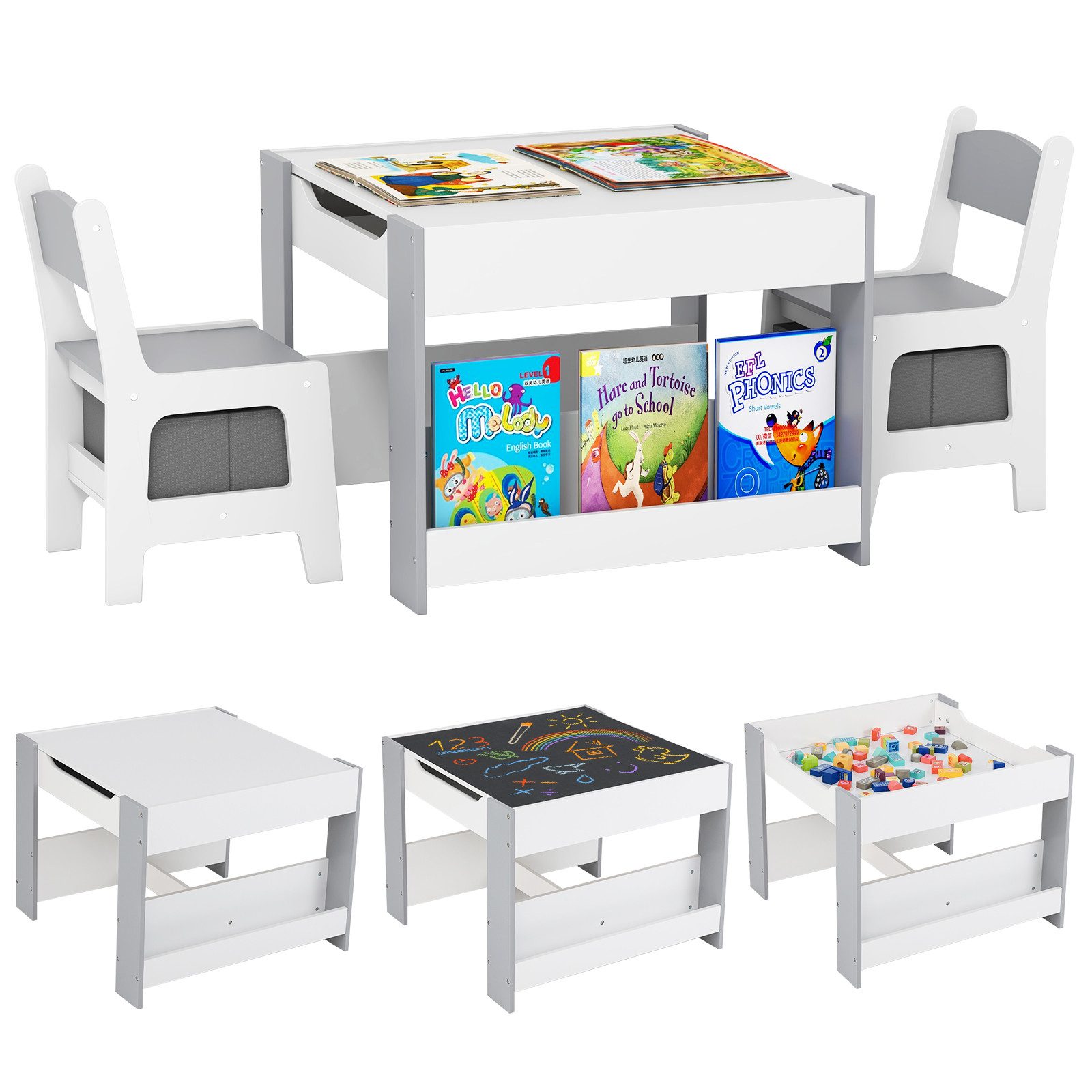 COSTWAY Kindersitzgruppe, (3-tlg), Holz mit Aufbewahrungsboxen & Bücherrega günstig online kaufen