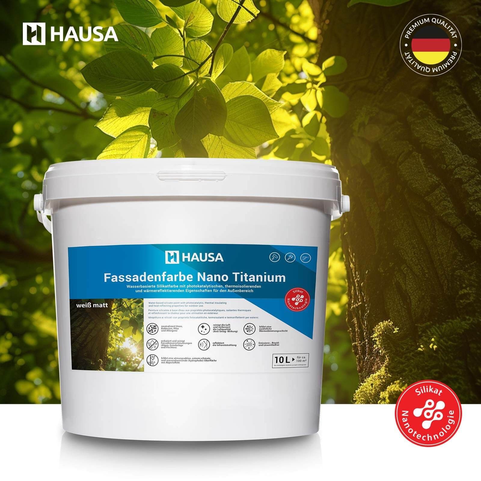 Thumbnail - Hausa Fassadenfarbe Nano Titanium Außenfarbe, 10L für ca. 100 m² weiß Anti-Smog, thermoisolierend, Reinigt die Luft