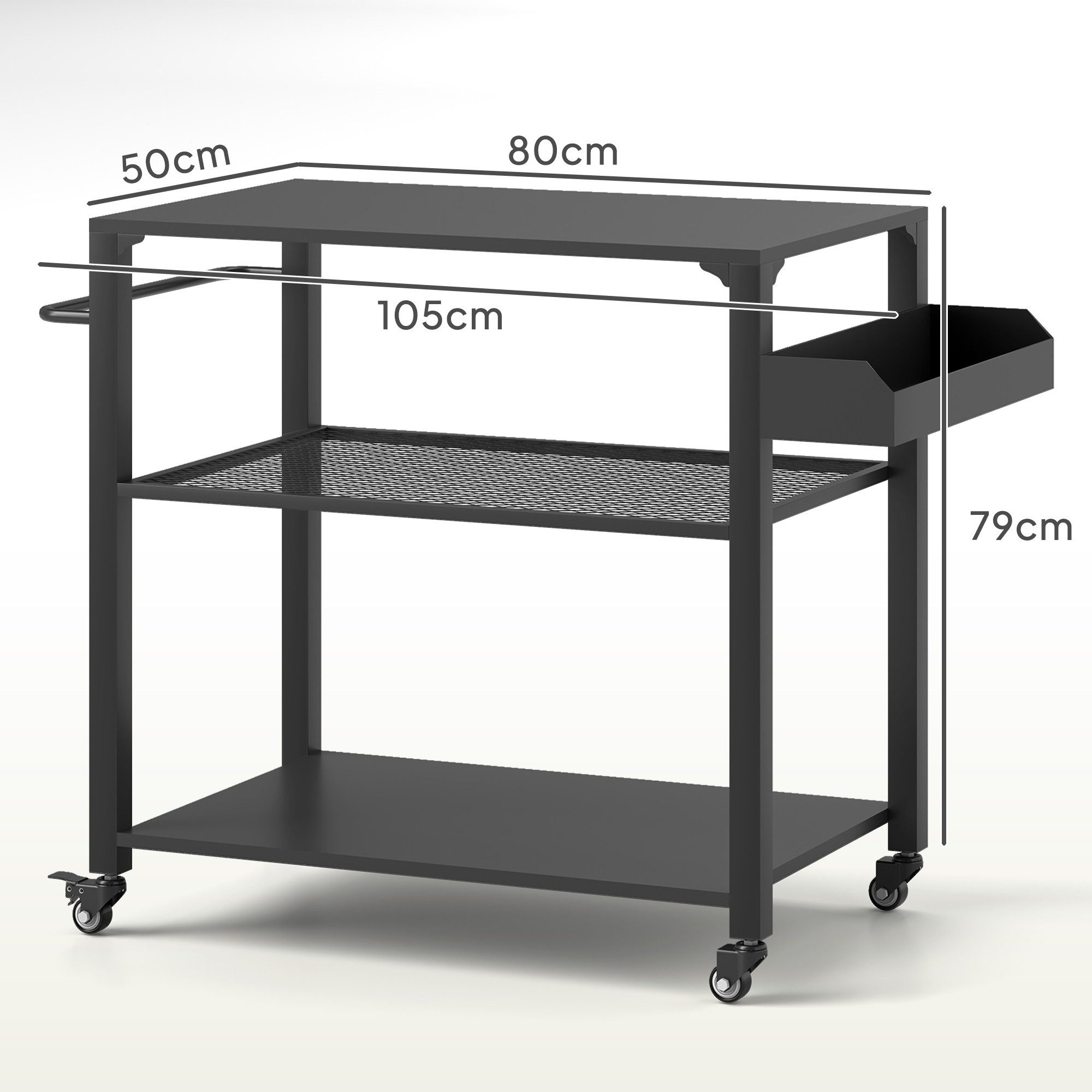 Outsunny Servierwagen 3-Etagen mit Arbeitsfläche Ablagen Räder, aus Edelstahl, (BBQ Grilltisch, 1 St., Grillwagen), für Garten, Terrasse, 105x50x79cm Schwarz