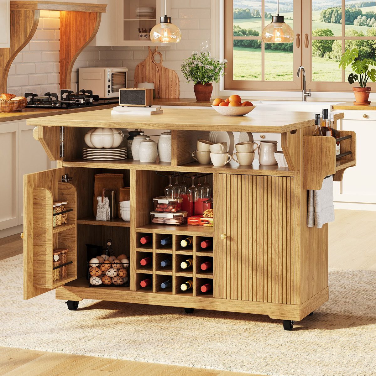 Odikalo Kücheninsel Küchenwagen Servierwagen mit Weinregal und verstellbaren Böden, (Küchenrollwagen mit Stauraum, fahrbarer Beistelltisch für Esszimmer, Wohnzimmer und Balkon)