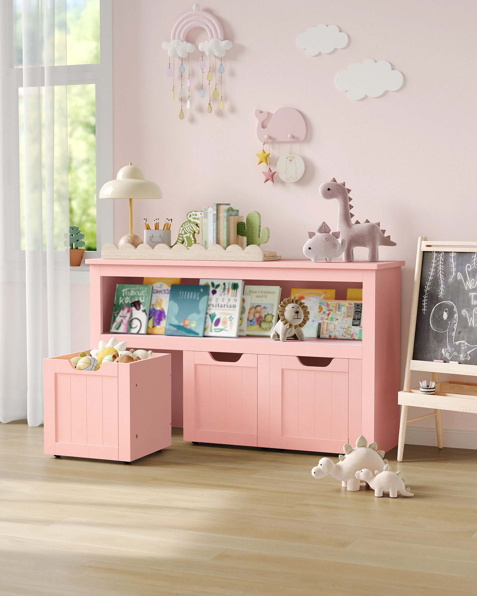 VASAGLE Kinderregal Spielzeugaufbewahrung, Bücherregal Kinder, Spielzeugregal, mit Rollen, 30 x 102 x 60 cm
