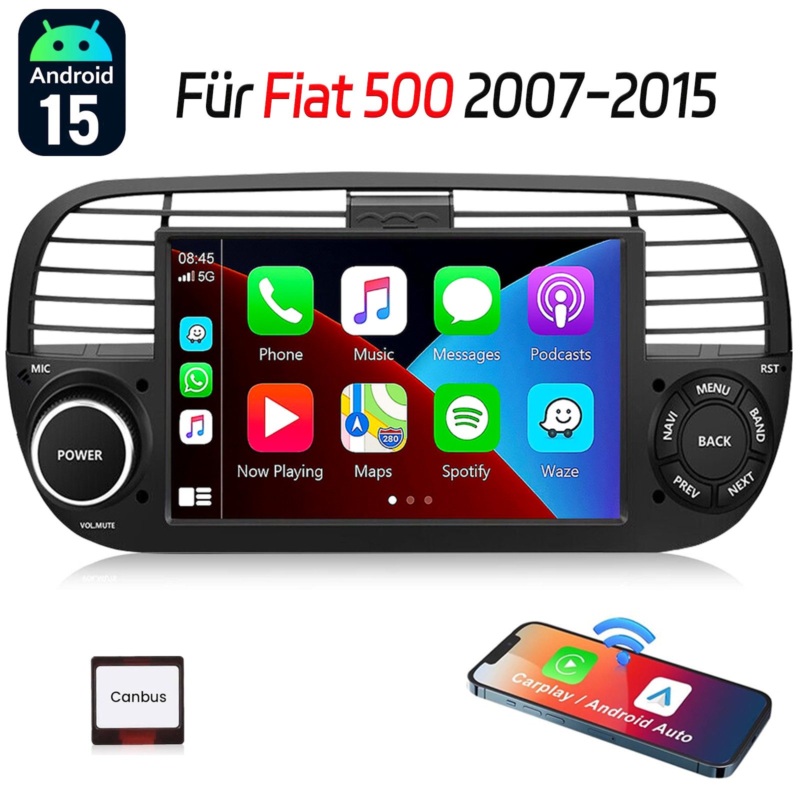ESSGOO DAB+ Für 2007-15 Fiat 500 7" Android15 Carplay GPS RDS NAVI 4+64GB Autoradio (FM, RDS, 4+64GB(optional), DAB+ (optional), DAB (optional), Touchscreen GPS Navi Apple Carplay & Android Auto)