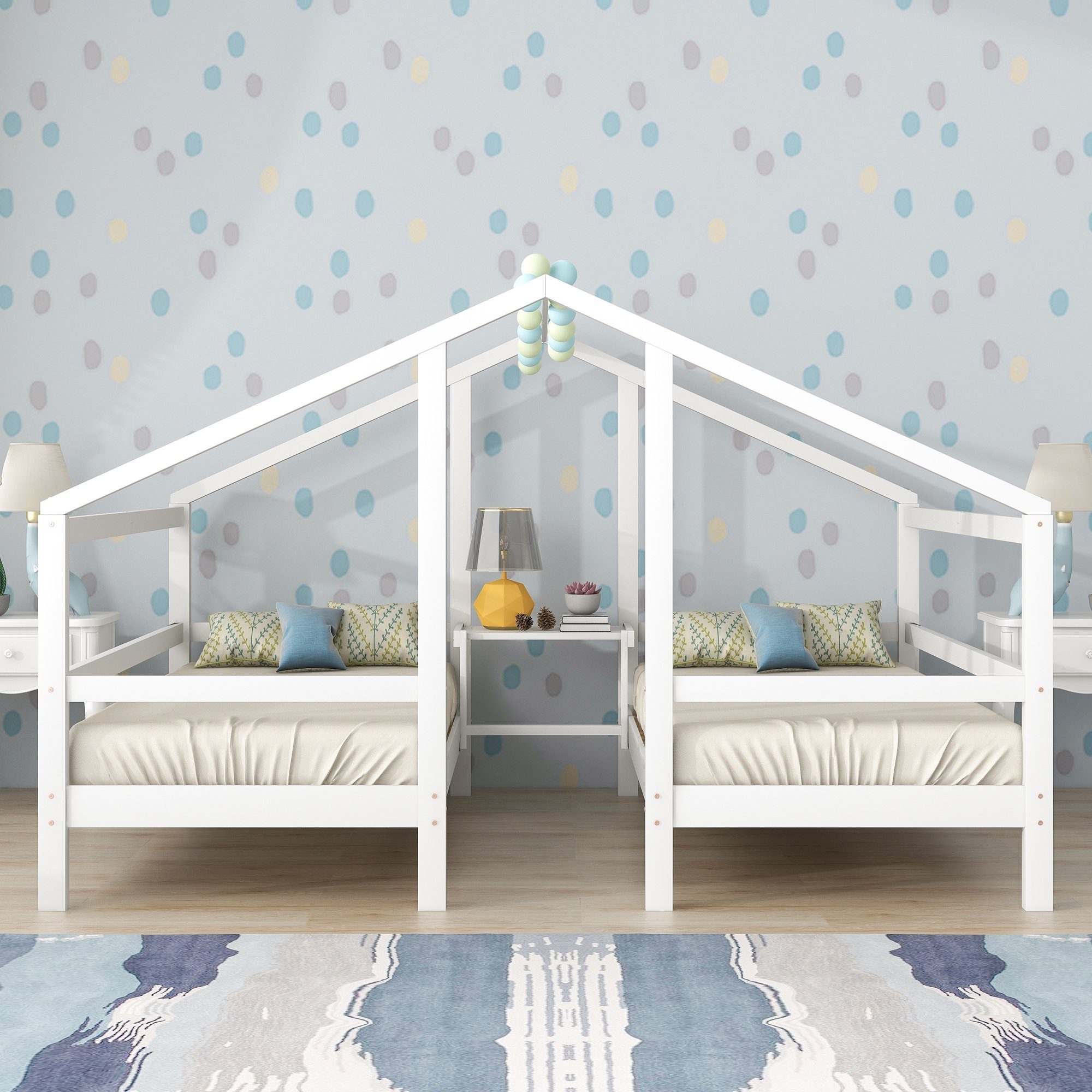 Kinderbett (Jugendbett Einzelbett), 90x200 cm Hausbett für 2 Kinder, mit Rausfallschutz und Lattenrost