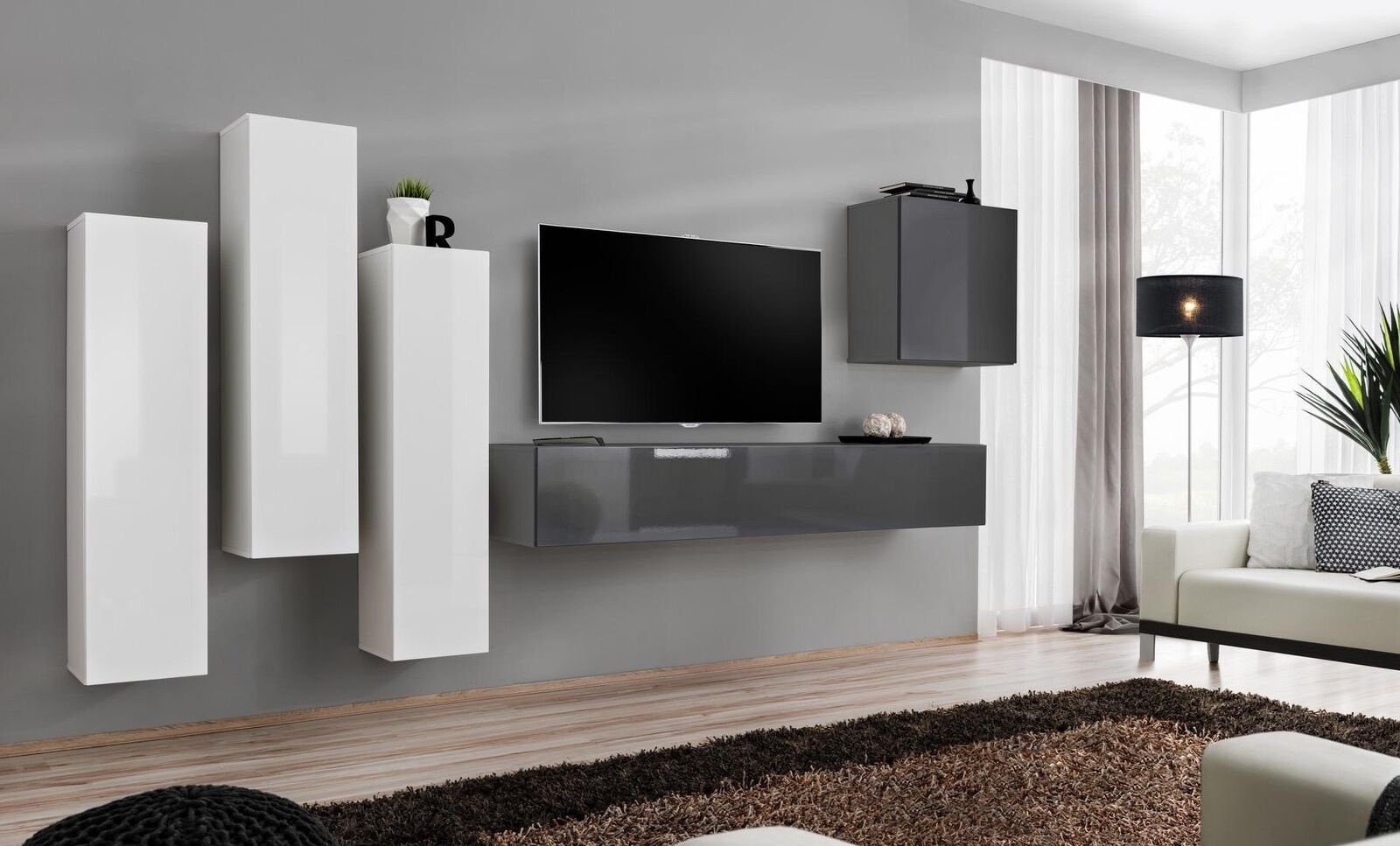 Wandschrank), Wohnwand 4x Wohnwand in Komplett Made Ständer TV-Ständer, JVmoebel TV 1x + Wohnzimmer Wohnzimmer-Set 1x Grau Garnitur Europa Sideboard (6-St., +