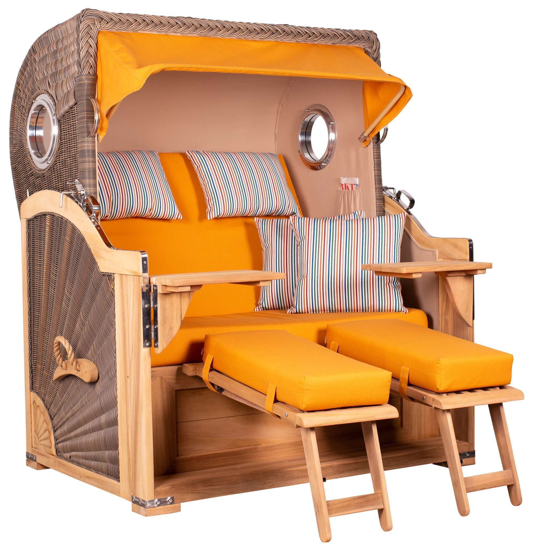 MR.DEKO Strandkorb XXL Baltikum 2,5-Sitzer Bullauge Teak PE Grey 142x170x95, BxTxH: 142x95x170 cm, Volllieger, Baltikum, (Wetterfester 2,5-Sitzer Strandkorb für Garten, Terrasse & Balkon), Volllieger mit Stauraum, Bullaugen & Edelstahl – komplett montiert