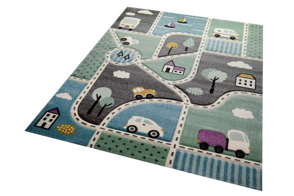 Carpetia Kinderteppich Teppich Kinderzimmer Kinderteppich Straßenteppich Auto blau grün, rechteckig, Höhe: 15 mm