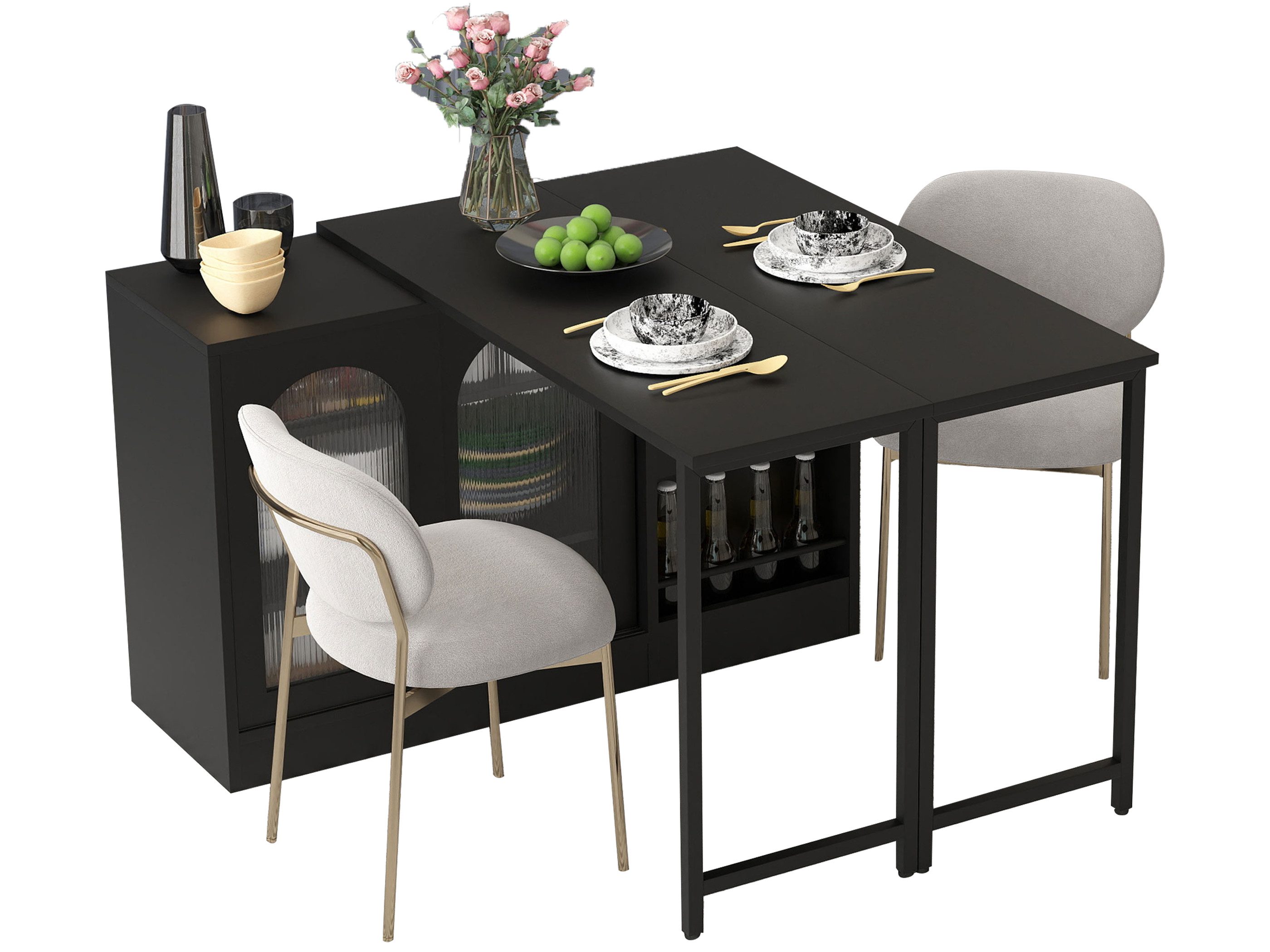 SeedWave Bartisch Ausziehbarer Klapptisch, 360° Drehfunktion, Anrichte mit Weinregalen, Vorratsschrank inkl. 2 verstellbarem Einlegeboden, 4 Staufächern
