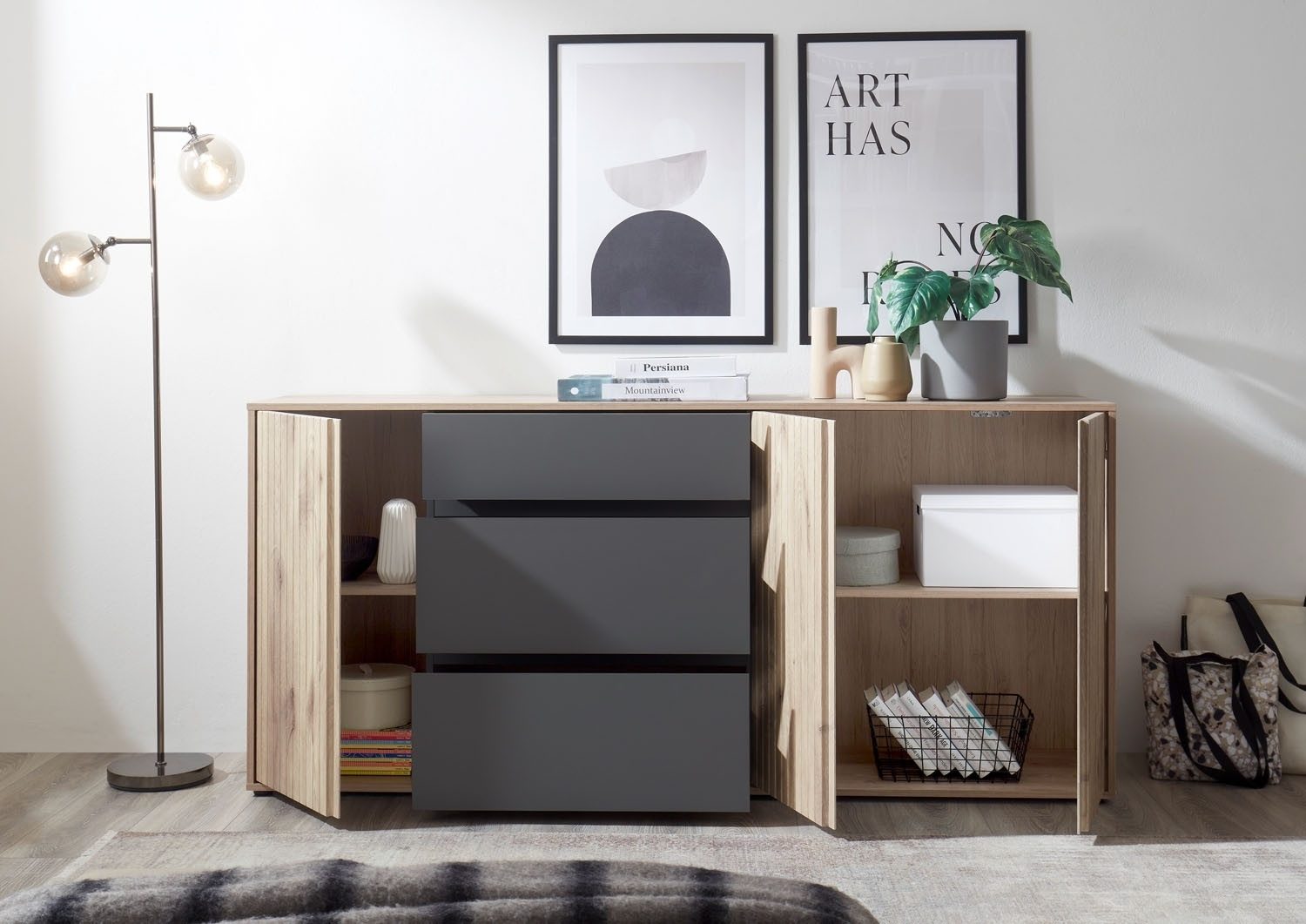 Bega Consult Sideboard NOVARA, Viking Eiche Dekor, Grau Matt, 3 Türen, 3 Schubladen mit Soft-Close-Funktion, B 186 x H 85 x T 42 cm