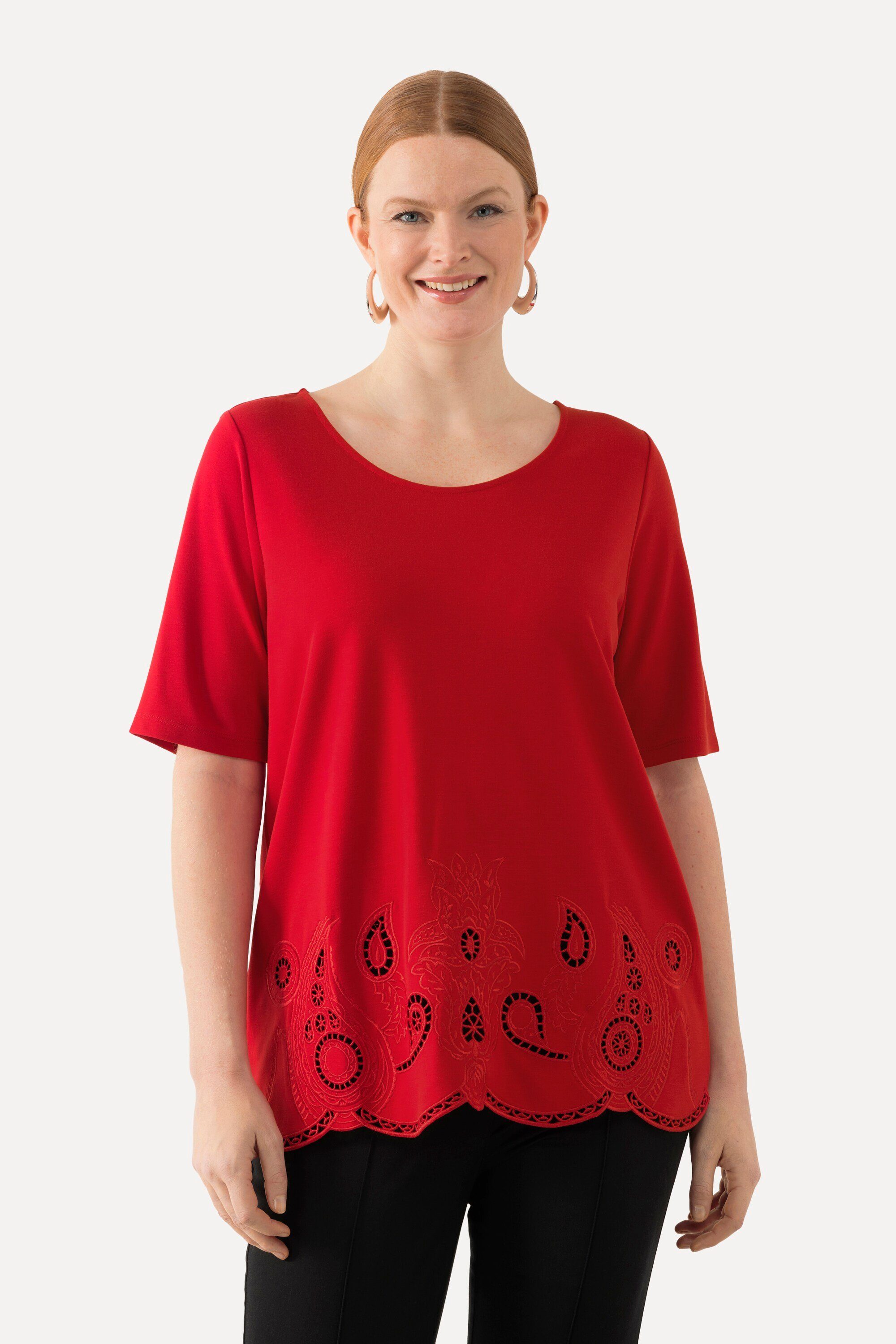 T-Shirt T-Shirt Stickerei Wellensaum Rundhals Halbarm