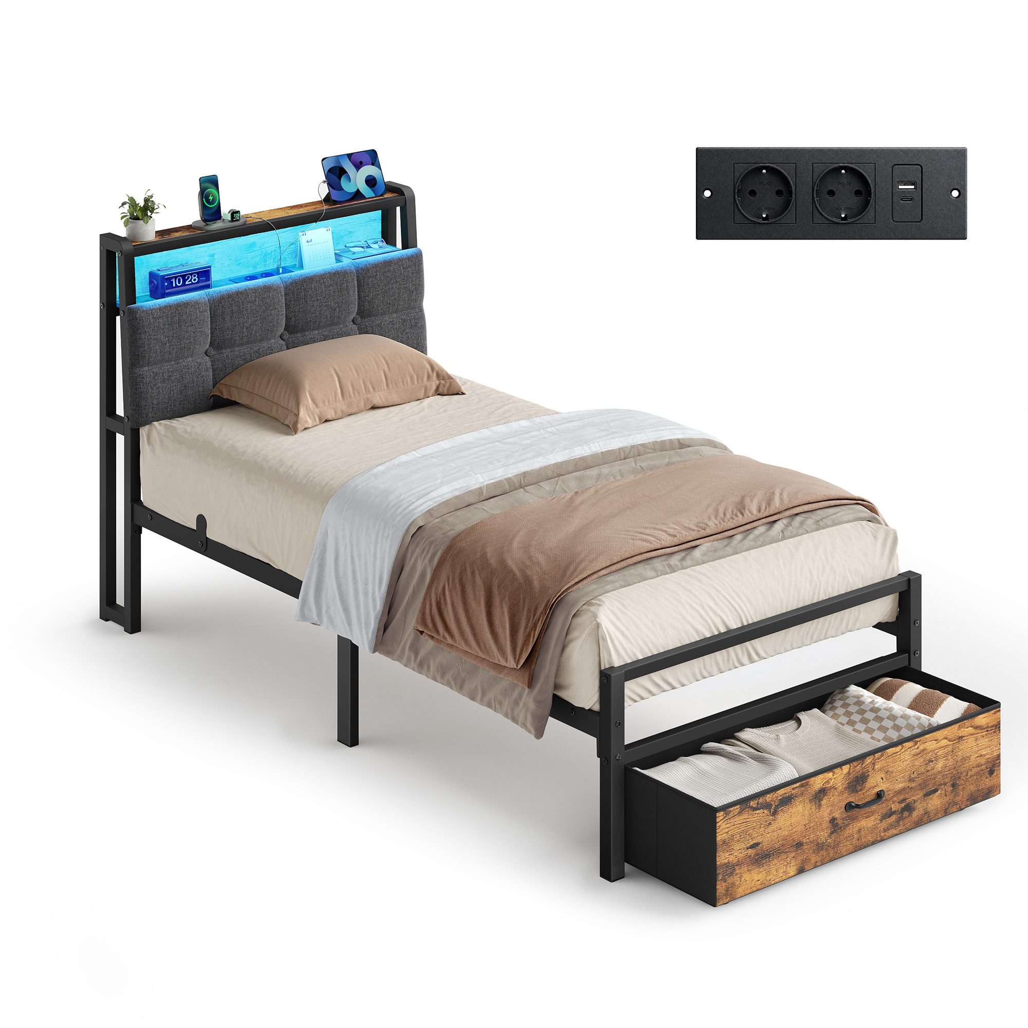 VASAGLE Bettgestell mit Kopfteil, Bett mit Stauraum und LED Beleuchtung, Steckdosen, Metallbett, 90 x 200 cm, mit Schublade