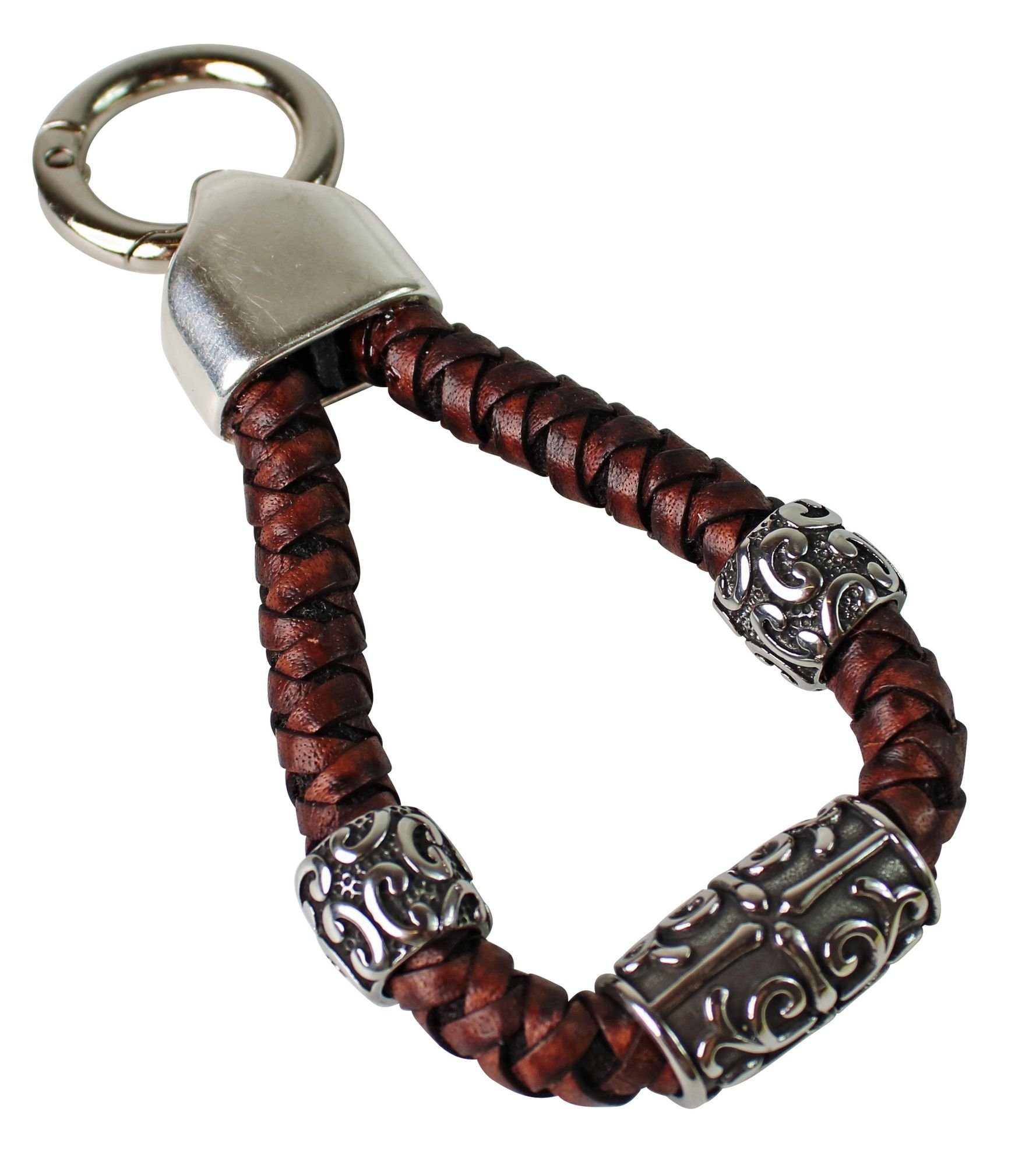 FRONHOFER Schlüsselanhänger 18762, Schlüsselanhänger mit edler Lederkordel und tollen Metallperlen Dunkelbraun