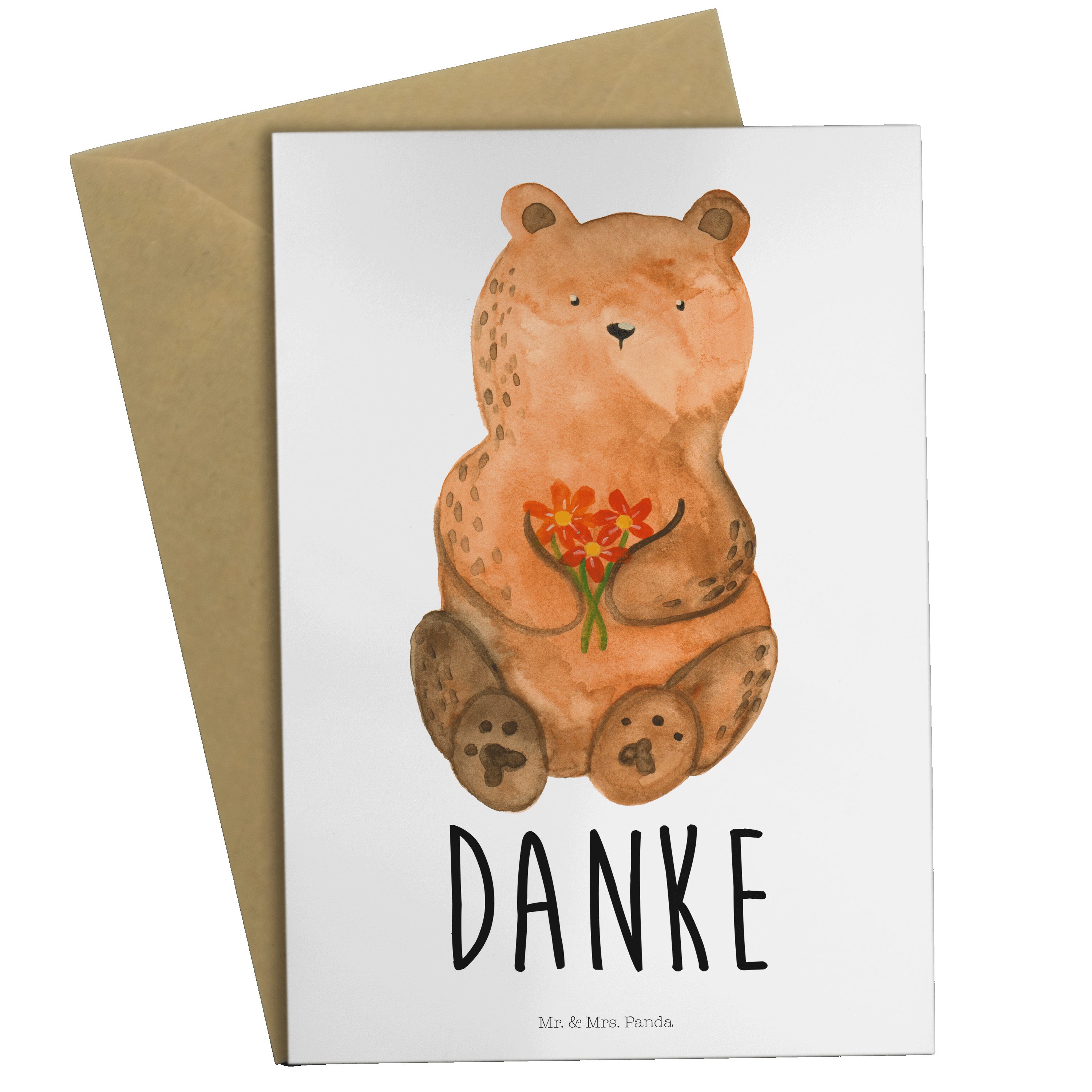 Mr. & Mrs. Panda Grußkarte Dankbär - Weiß - Geschenk, Glückwunschkarte, Teddybär, Teddy, Blumen