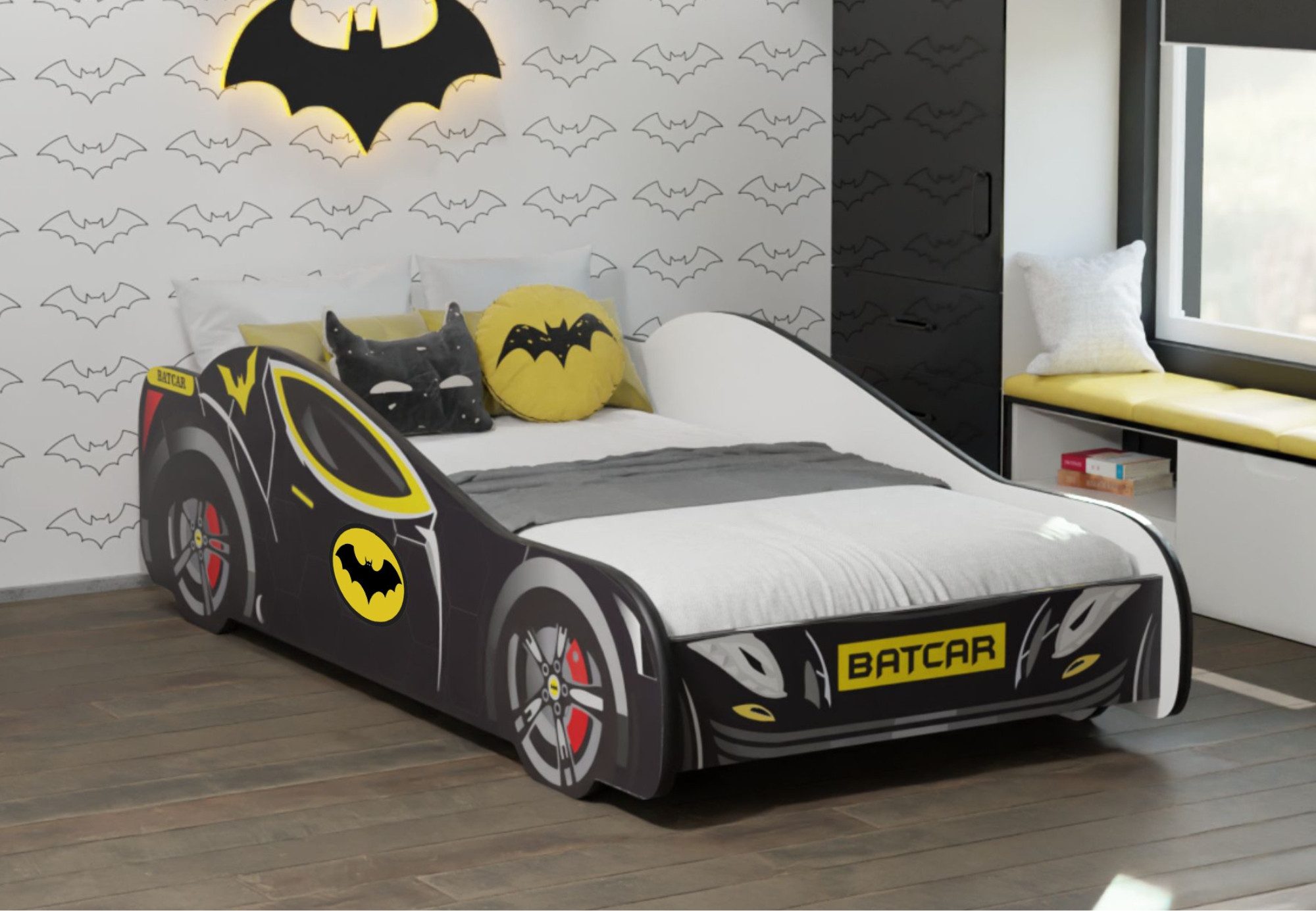 Kids Collective Autobett 70x140 / 80x160 cm Kinderbett Jugendbett mit Rausfallschutz (Spielbett Batman Batmobil Bat Car Auto, Spielbett Batman Batmobil Bat Car Auto), Kinderbett 70x140 cm mit Lattenrost - für Kinder ab 2 Jahren