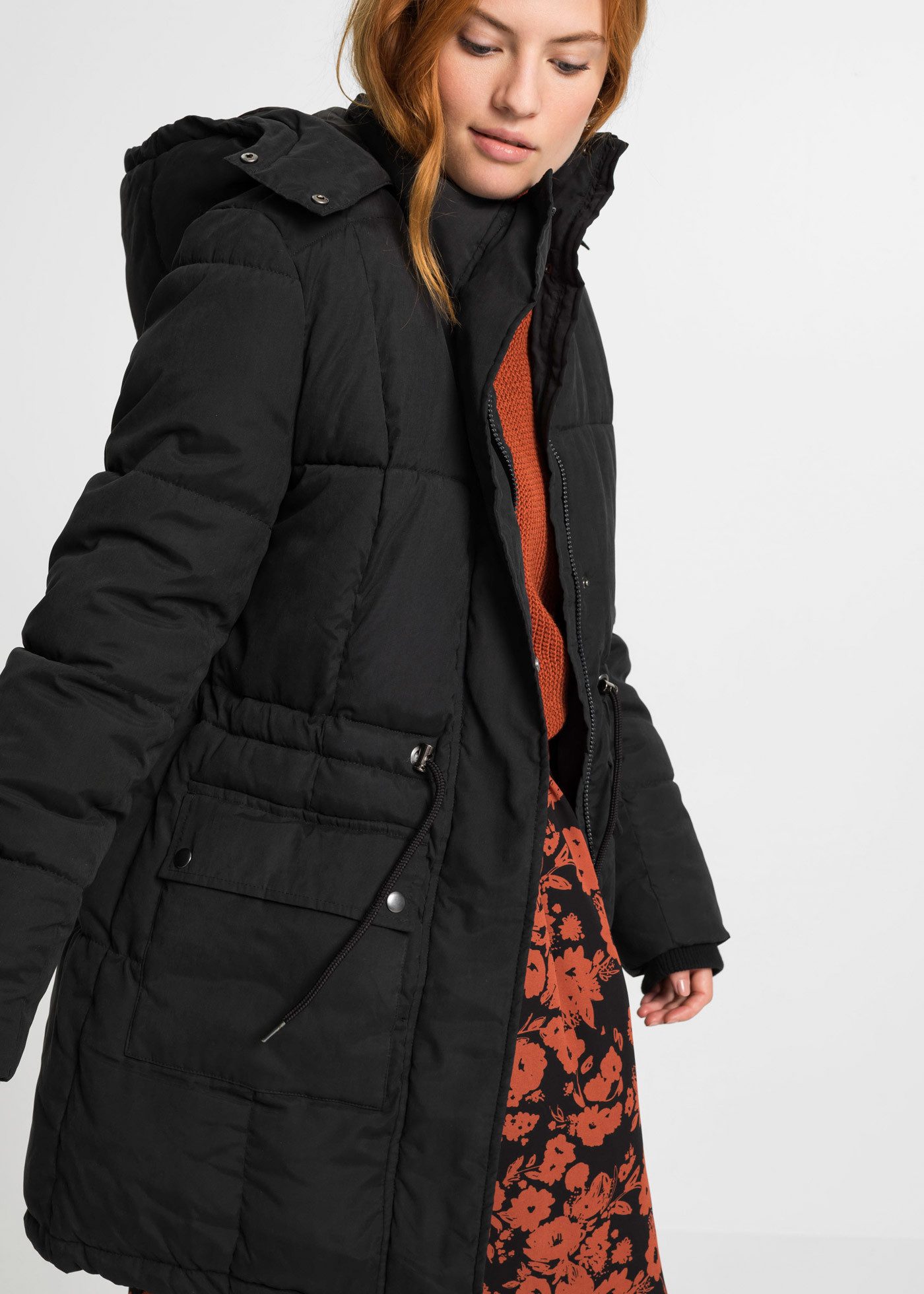 bonprix Winterjacke mit abnehmbarer Kapuze, mit verstellbarem Taillenbündchen