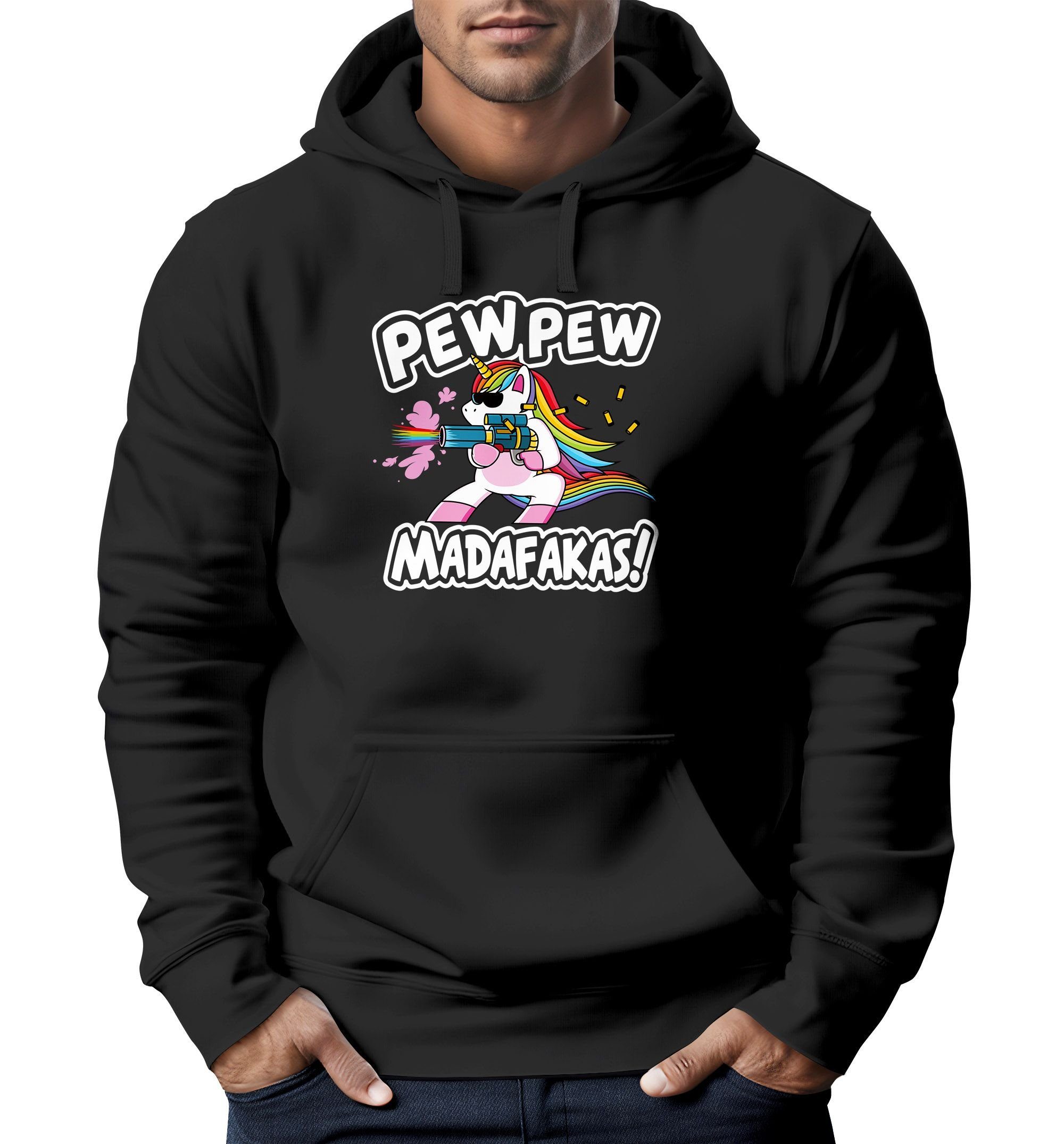 MoonWorks Hoodie Hoodie Herren Pew Pew Madafakas böses Einhorn Regenbogen Unicorn Kapuzen-Pullover Moonworks® schwarz