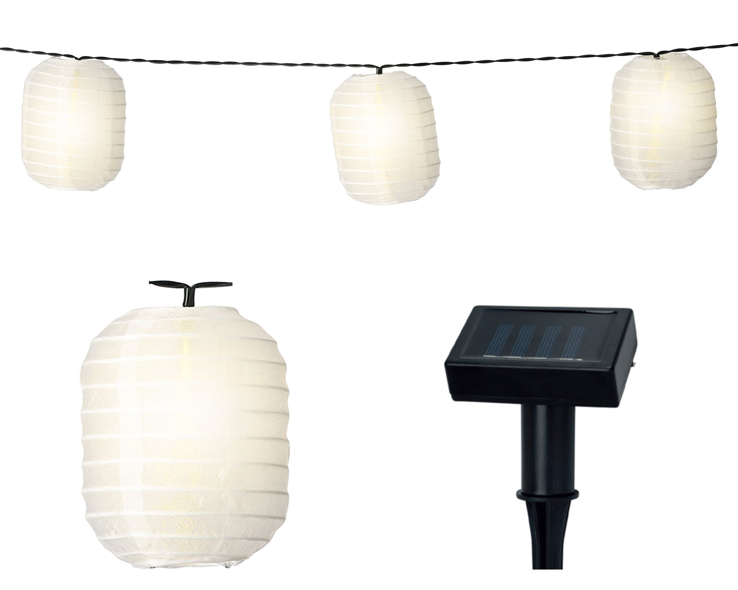 Lumineo LED Laterne, Dauerlicht, warmweiß, LED Solar Lichterkette Lampions 4,5m Nylon Weiß / Warmweiß