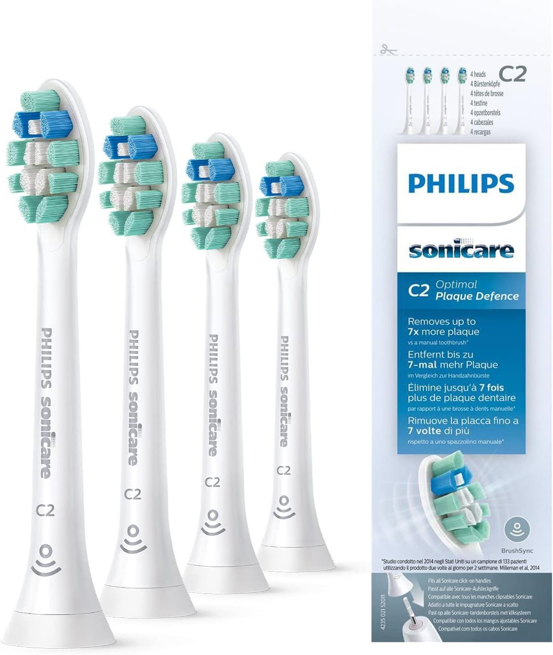Philips Щітки Philips Sonicare C2 Щітки, Optimal Plaque Defence, 4er Pack, 4er-Pack, 4er-Pack, Plaque-Entfernung, BrushSync kompatibel, Optimierte Borsten