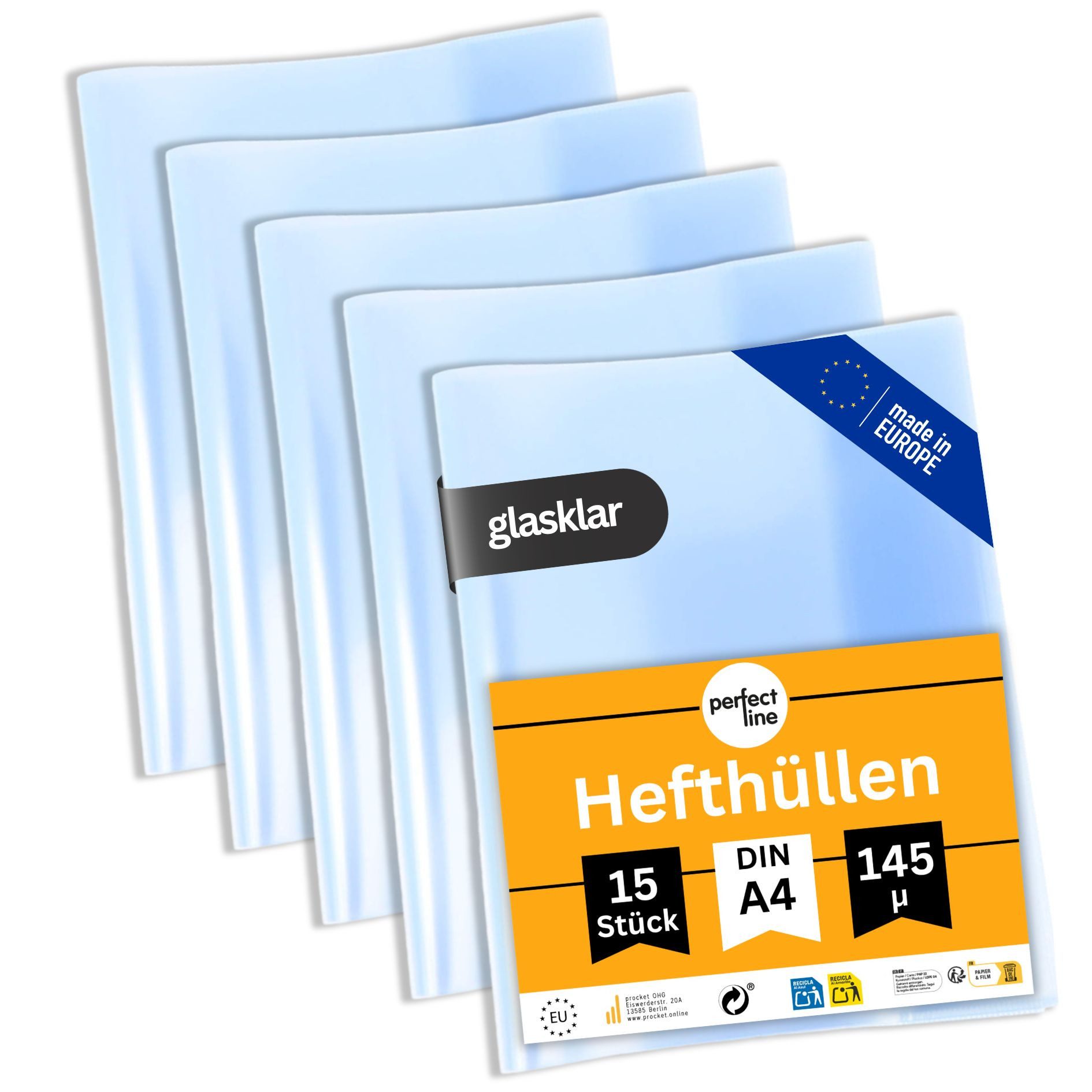 perfect line Schulheft 15 Hefthüllen DIN A4 PP glasklar extra stark, 145 my, PP, dokumentenecht, säurefrei, Made in EU