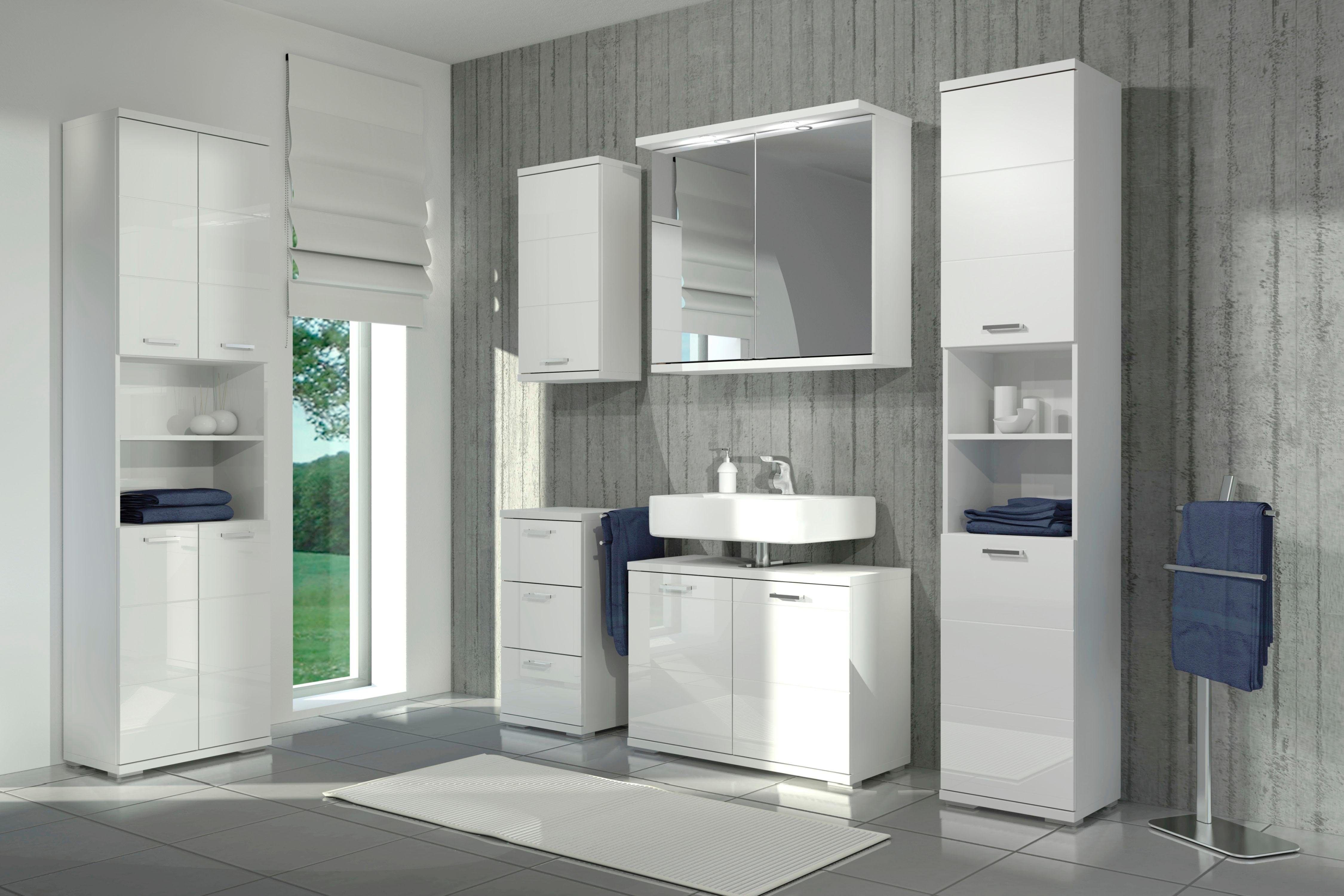 cm, Türen Homexperts Badezimmerschrank, Stauraum und hinter weiß/weiß 50 Hochglanz Breite Fächern in | Hochschrank Nusa weiß