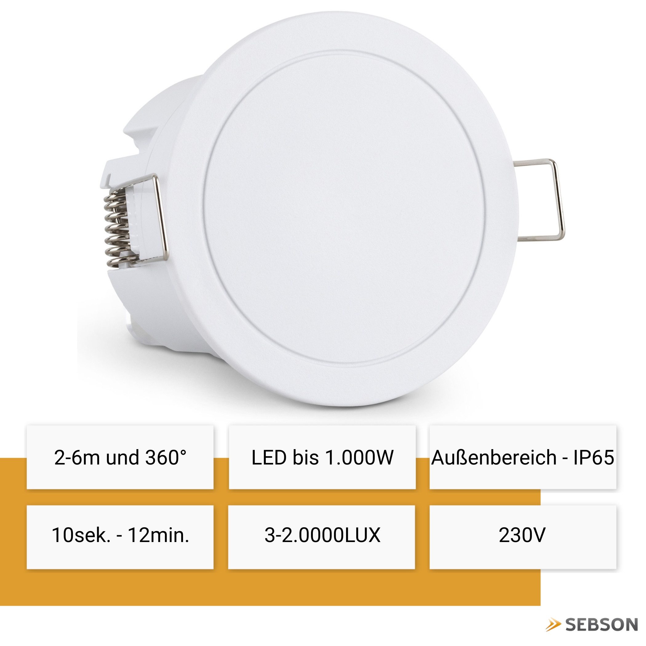 SEBSON Bewegungsmelder Hochfrequenz Sensor Unterputz - Präsenzmelder 6m 360° programmierbar, Atmungserkennung, LED geeignet 1.000W, 3-Draht, Einbauloch Ø63-66mm