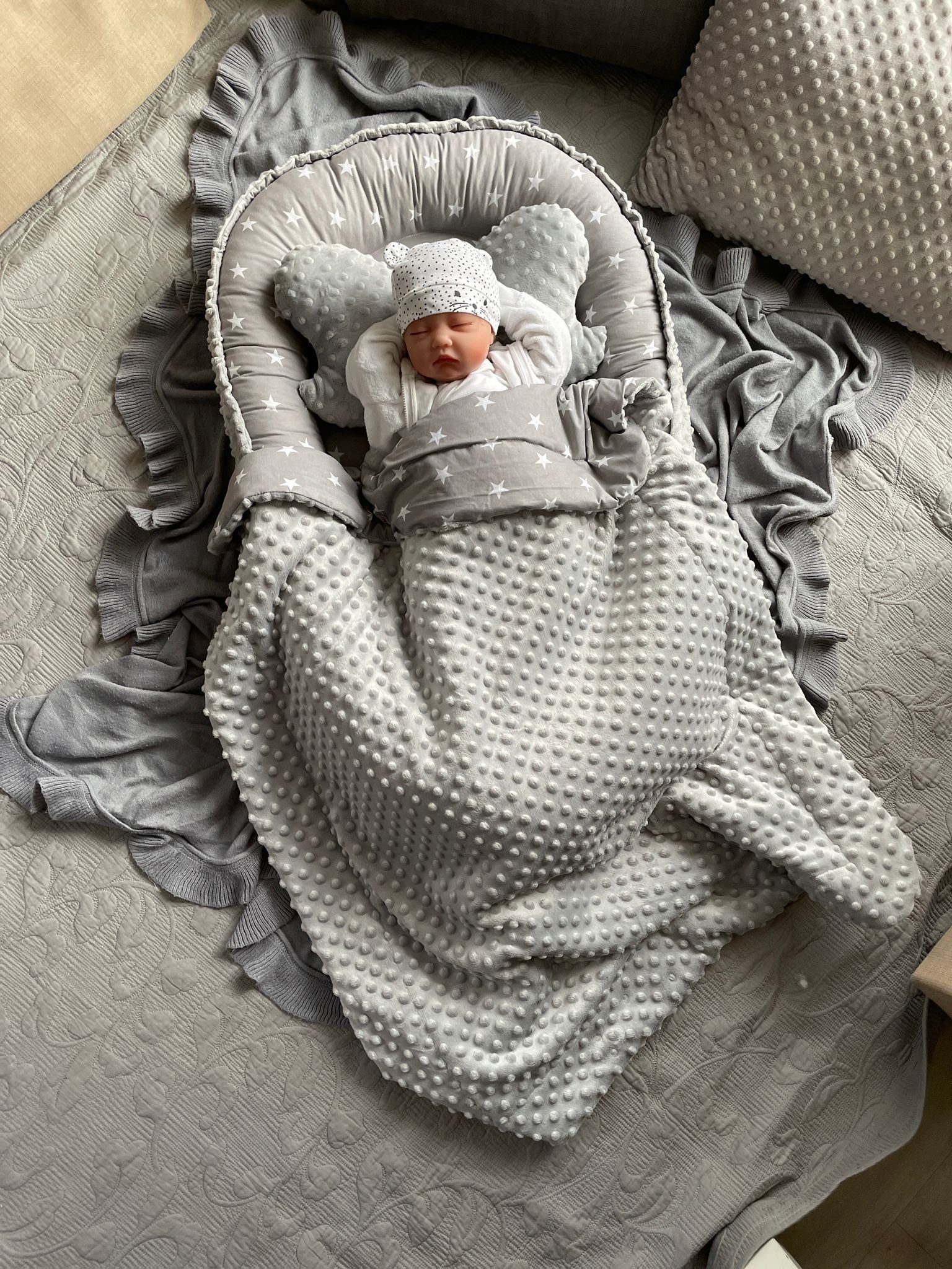 Loolay Bettnestchen MINKY/ Baumwolle BABYNEST Babykokon Geschenk Babyausstattung SETS, (MUSTER: Sterne GRAU/ MINKY Grau, SOLO oder im SETS, 5-tlg., PREMIUM BABY – Bild 3 von 5