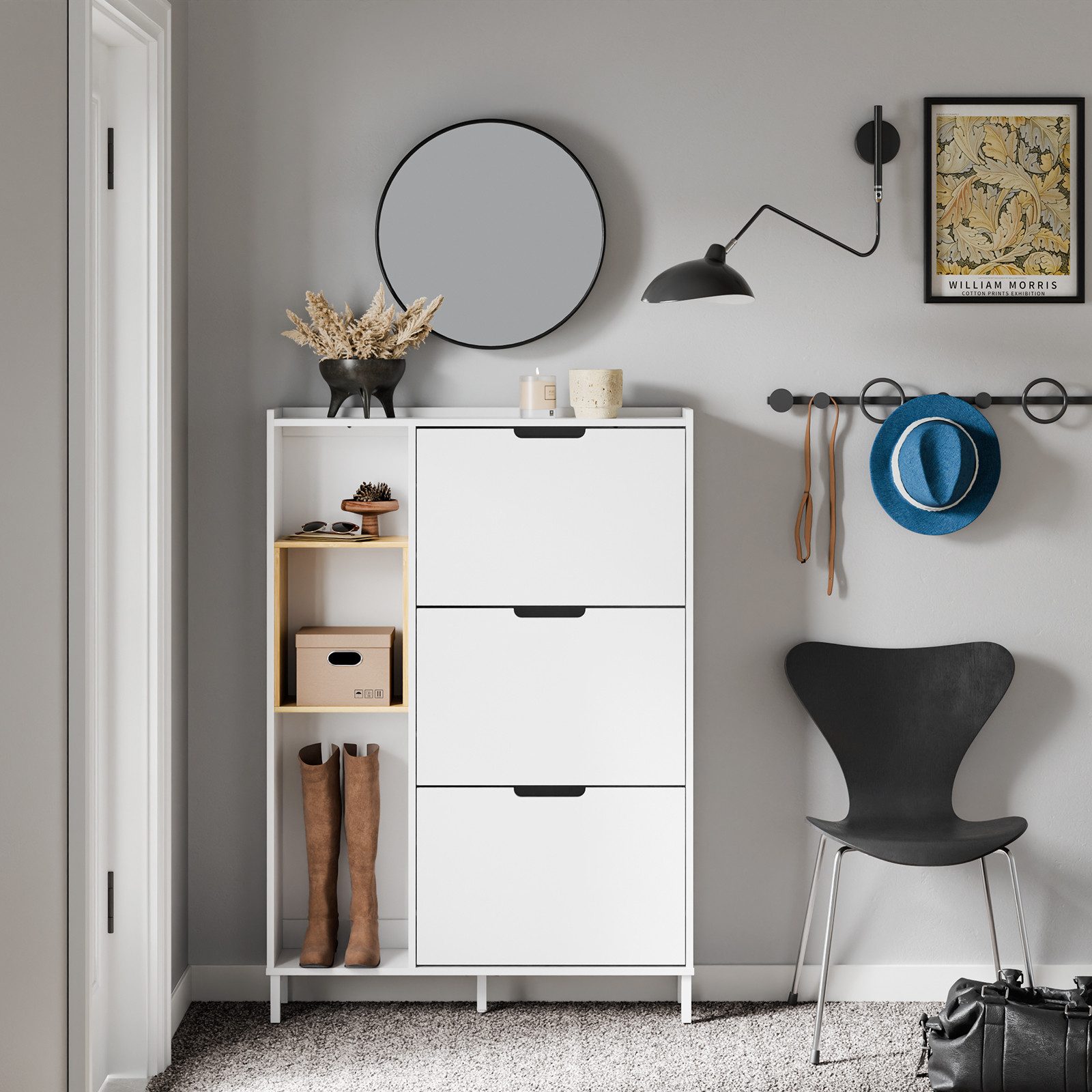 SoBuy Schuhschrank FSR209, Schuhkipper mit 3 Klappen, Schuhregal Schuhablage Schuhkommode Schuhschrank schmal, mit 3 Klappen, zusätzlichen Fächern, Bambus, Holz