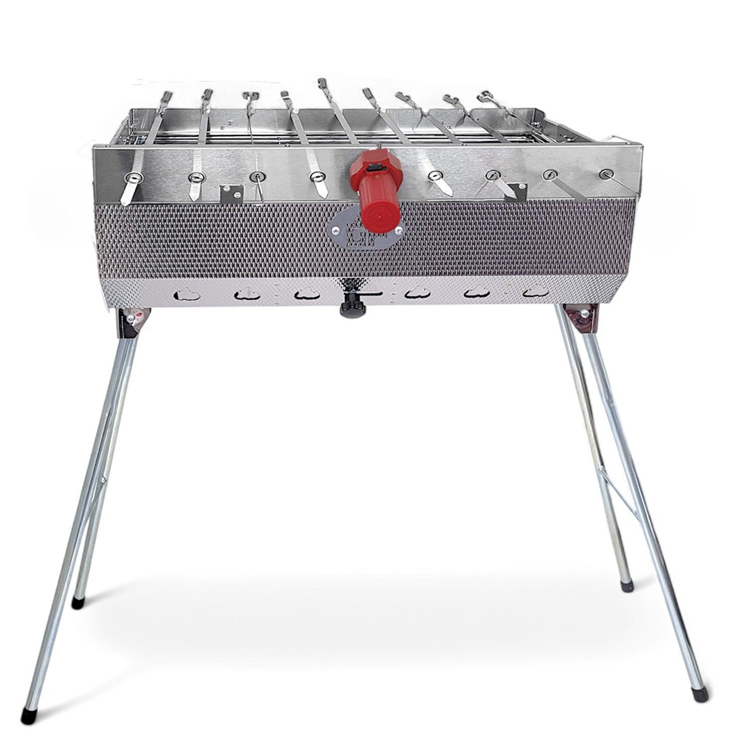 Grillpeter Holzkohlegrill Mangal Set Taschkent Schaschlikgrill mit 9er Drehspieß Spieße Motor