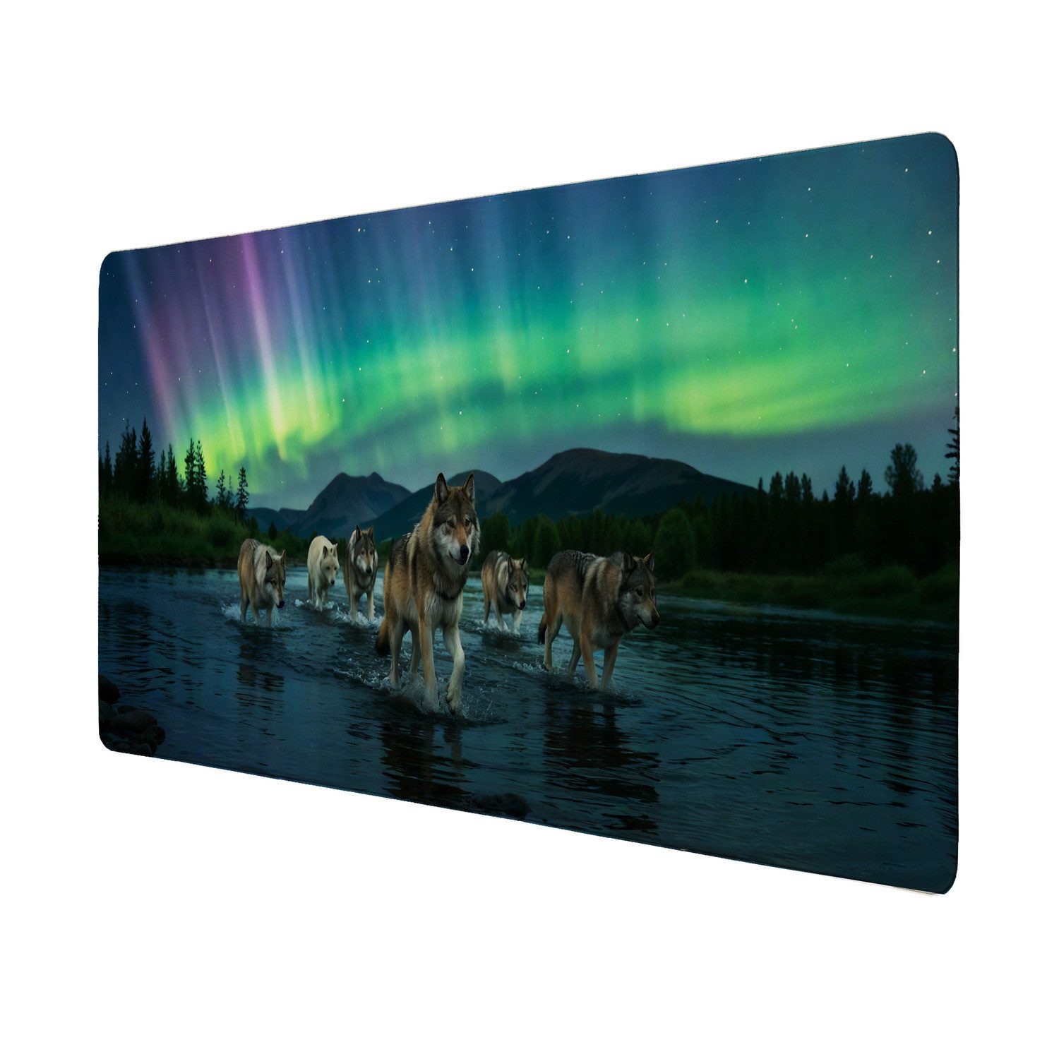speecheese Schreibtischunterlage Wölfe im Nordlicht Schreibtischunterlage 69x31cm XXL Mauspad