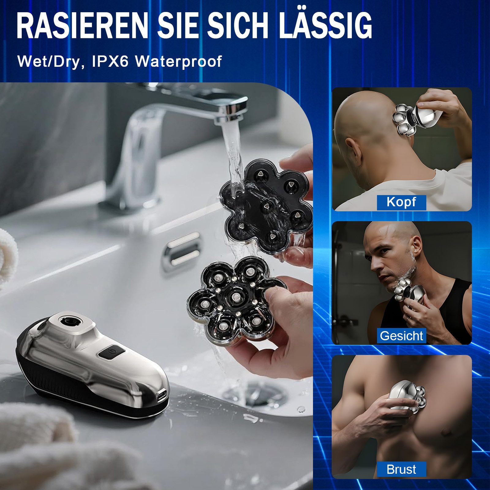 AKKEE Elektrorasierer Glatzen Rasierer Herren, Upgrade-7D Kopfrasierer Glatze, Aufsätze: 7, Haarschneider (3/5/7 mm), Nass-& Trockenrasur, IPX6 Wasserdicht, LED – Bild 5 von 5