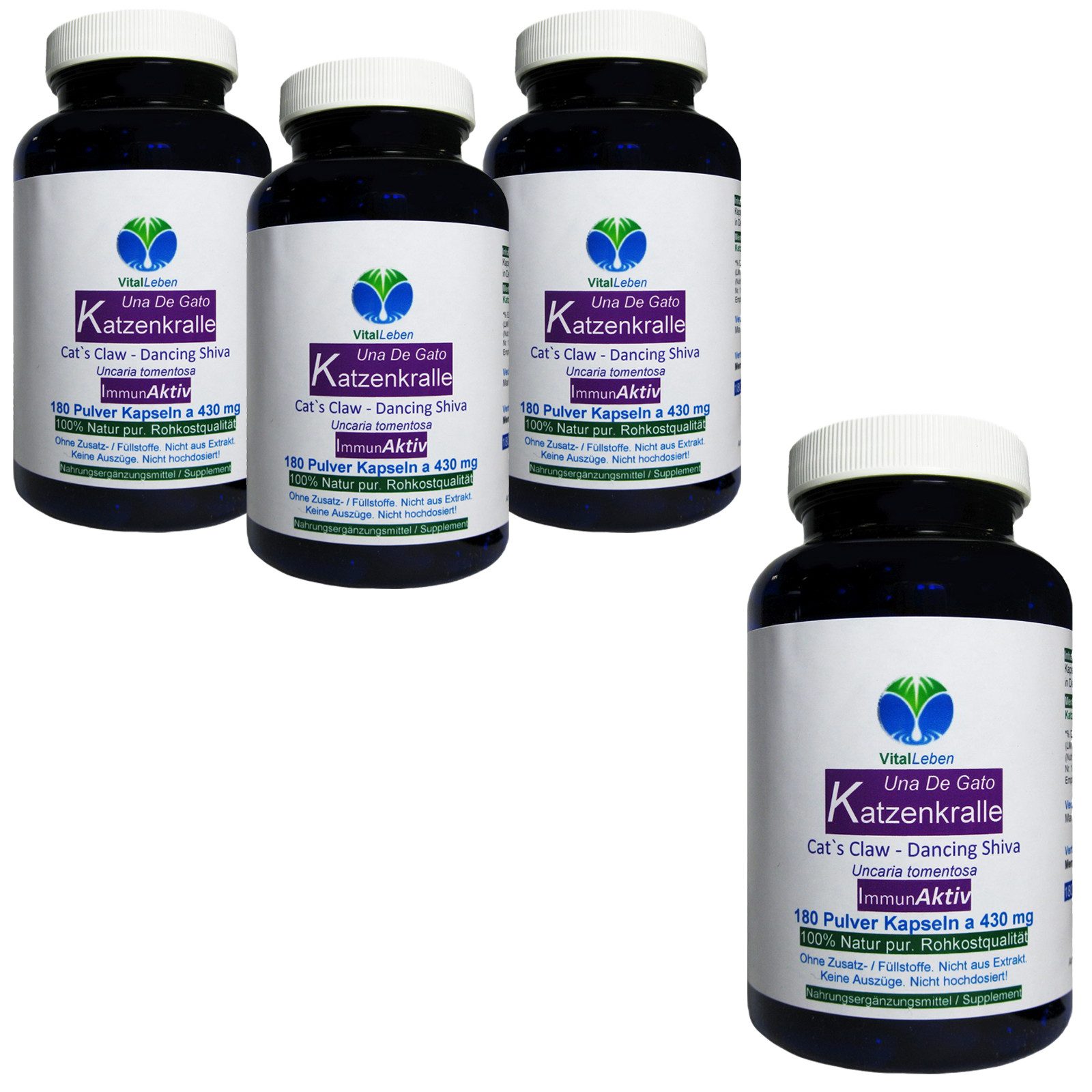 VitalLeben Katzenkralle Una De Gato NATUR pur OHNE Zusatzstoffe Kapseln, 4 er Dose à 180 St., 309,6 g