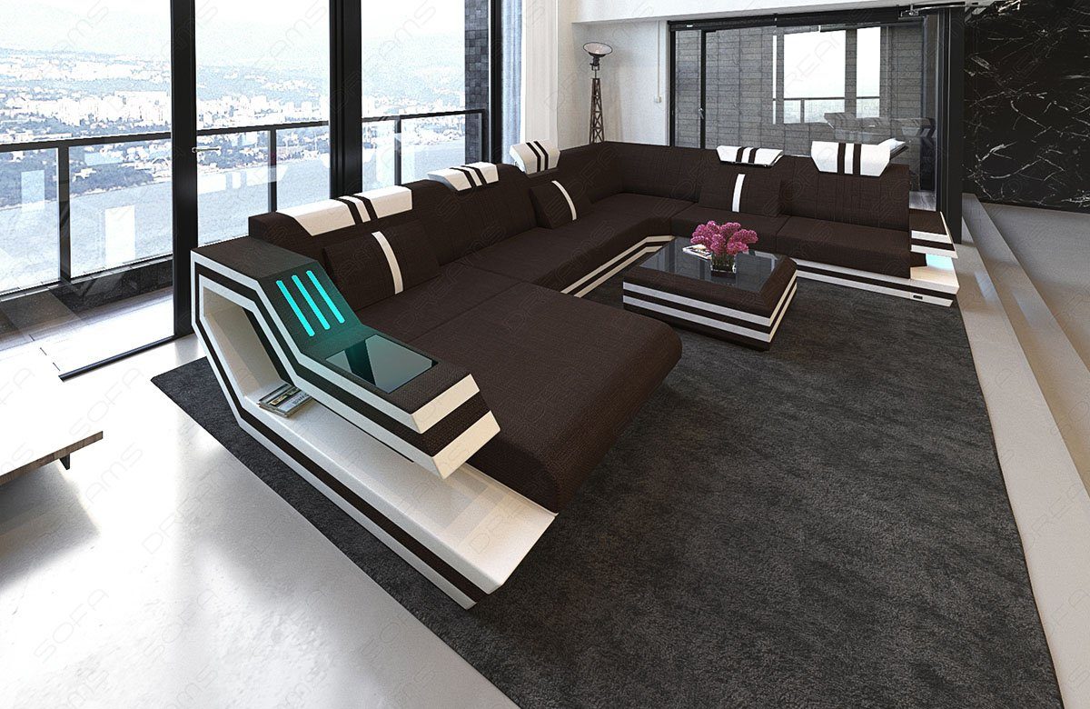 Sofa Dreams Wohnlandschaft Stoff XXL H Bettfunktion Couch Sofa Polster wahlweise braun-weiß Strukturstoff mit Ravenna Stoffsofa