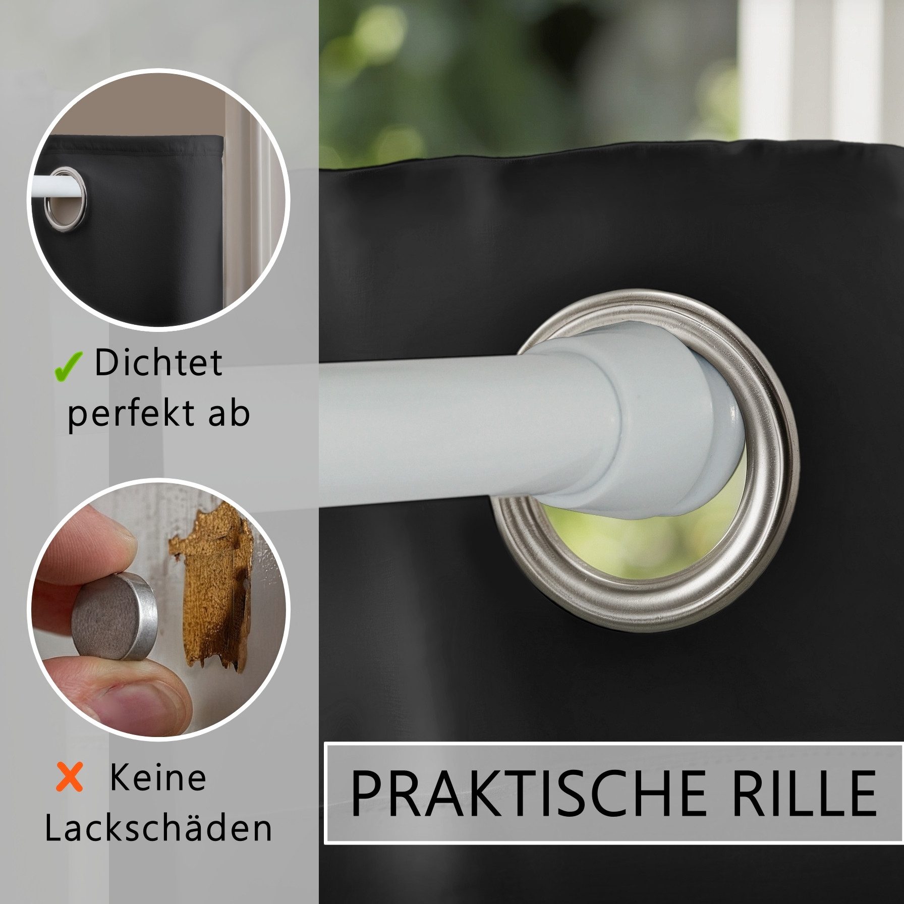 tinycurtains Türvorhang mit Stange weiß 55-90 cm ohne Bohren, Thermo Vorhang Tür, Ösen, abdunkelnd, Polyester, blickdicht, Schwarz Eclipse, Türgardine mit Klemm – Bild 5 von 5