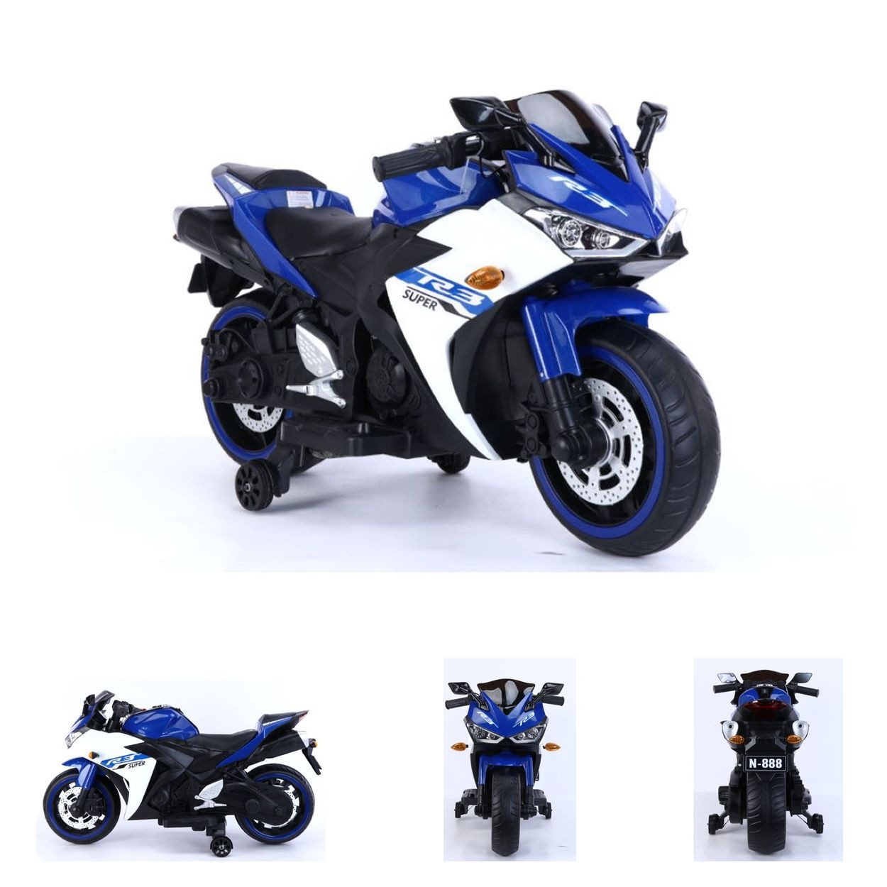 ES-Toys Elektro-Kindermotorrad 888, Belastbarkeit 25 kg, Stützräder, Musikfunktion, LED-Scheinwerfer, Batterieanzeige