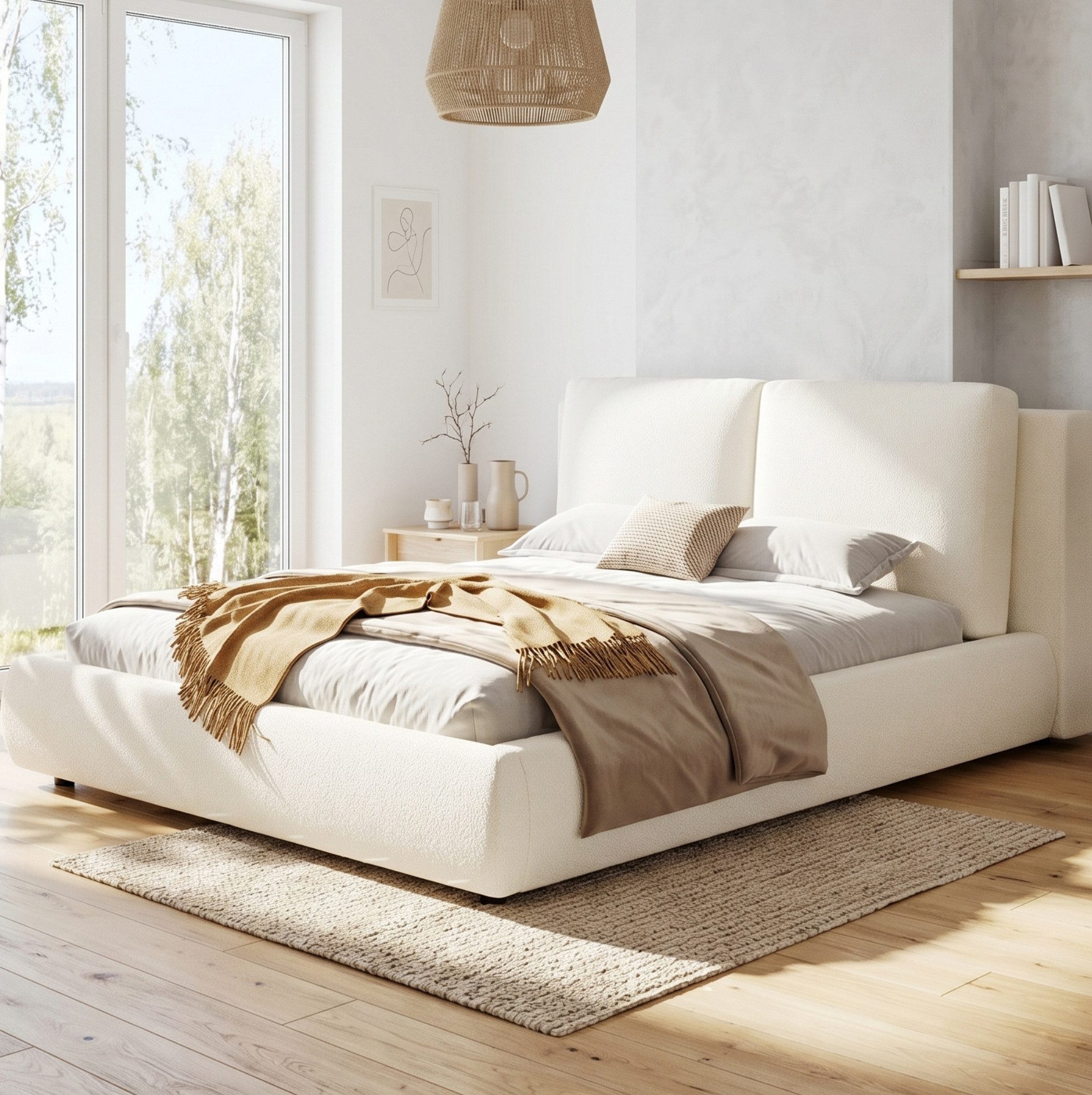 OKWISH Polsterbett Polsterbett 180x200 cm mit Bouclé-Bezug (Packung, Beige, 180×200 cm, 12 cm Kopfteil, ohne Matratze), bequeme Polsterung, Bouclé-Bezug