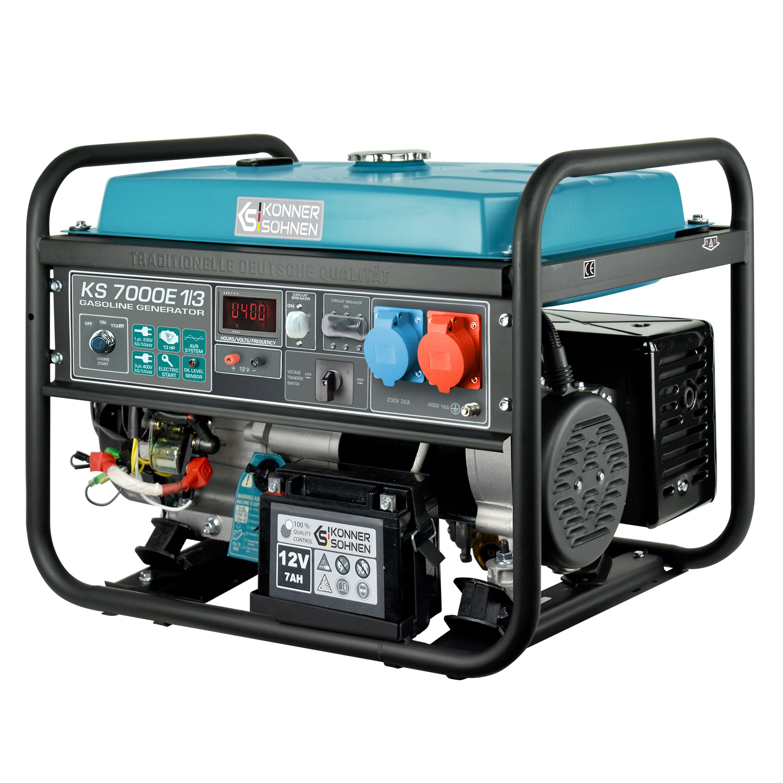 Könner & Söhnen Stromerzeuger KS 7000E-1/3, 5,50 in kW, (VTS-Generator 230V/400V mit E-Start (5.5 kW Max), 1-tlg., Volle 5.5kW Leistung auf 1 & 3 Phasen, 25L Tank, 17 Std. Laufzeit), VTS-System, 100% Kupfer, AVR, CEE 32A/16A Steckdosen