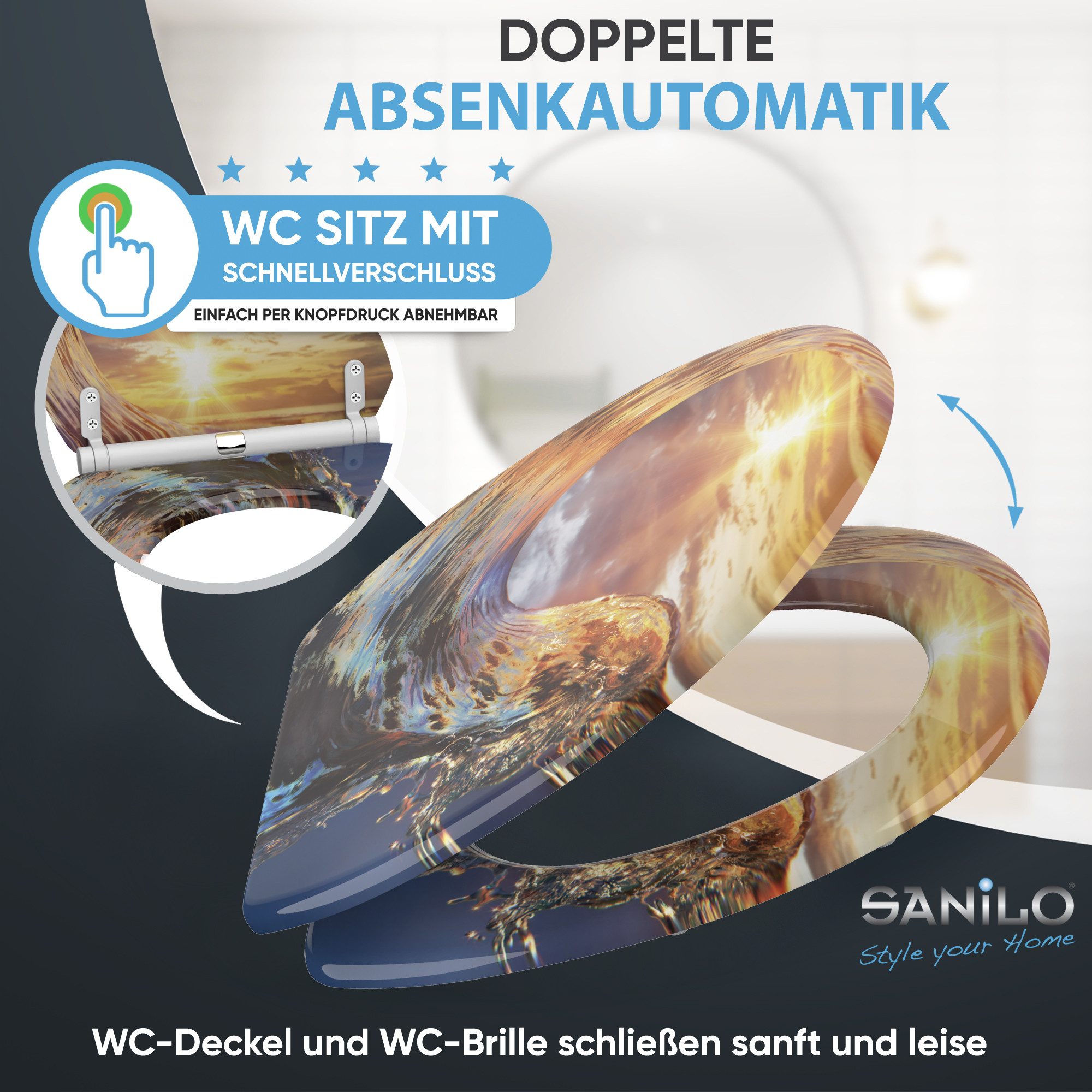 Sanilo WC-Sitz Wave mit Absenkautomatik & Quick Release, Premium Toilettendeckel, abnehmbar, leichte Montage von oben