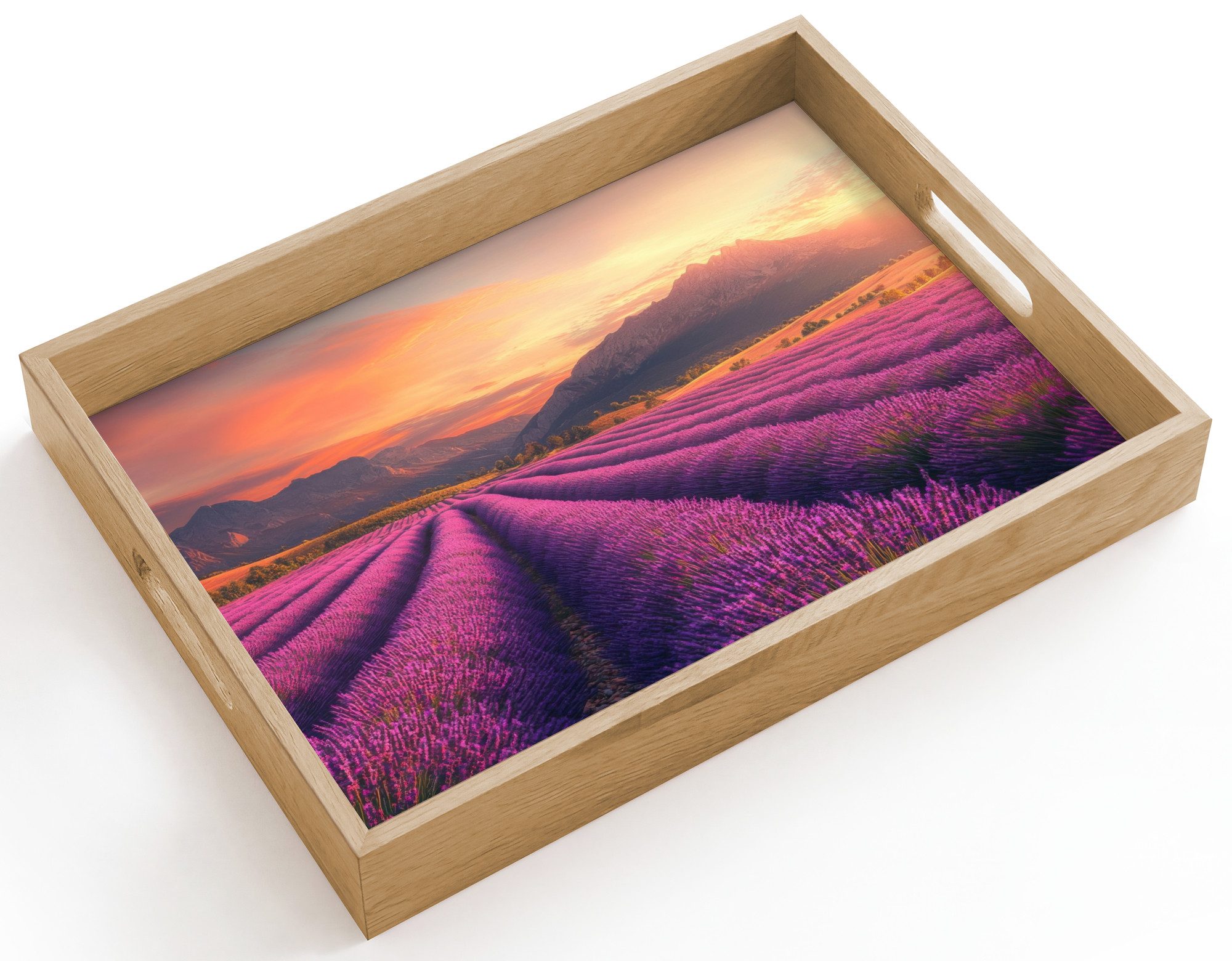 OnlyWow Tablett Rechteckig mit Henkel Lavendelfeld - Sonnenuntergang - Lila, Eichenholz, (1-tlg), Siervierplatte, Tray, Frühstücksbrett