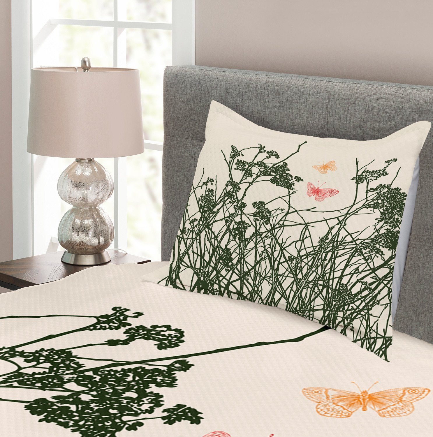 Tagesdecke Set mit Abakuhaus, Kräuter Blumen Schmetterlinge Kissenbezügen Waschbar, Zeichnung