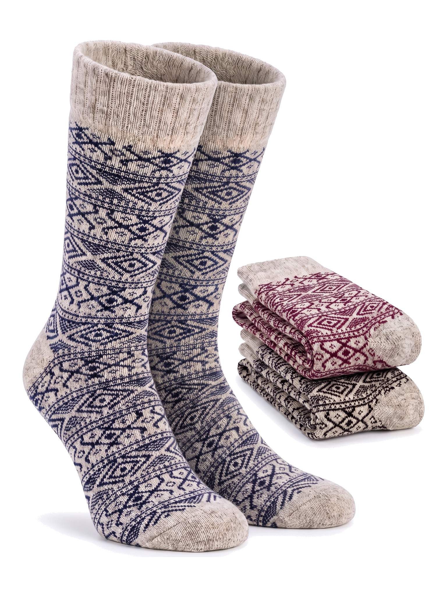 Black Snake Thermosocken Norweger Wollsocken für Damen und Herren innen voll Plüsch extra warm (Socken-Set, 3-Paar, Natur-Grau sortiert 43/46) 70 % Wolle, Nordic-Muster mit Rauten, für Winter, Wandern und Stiefel
