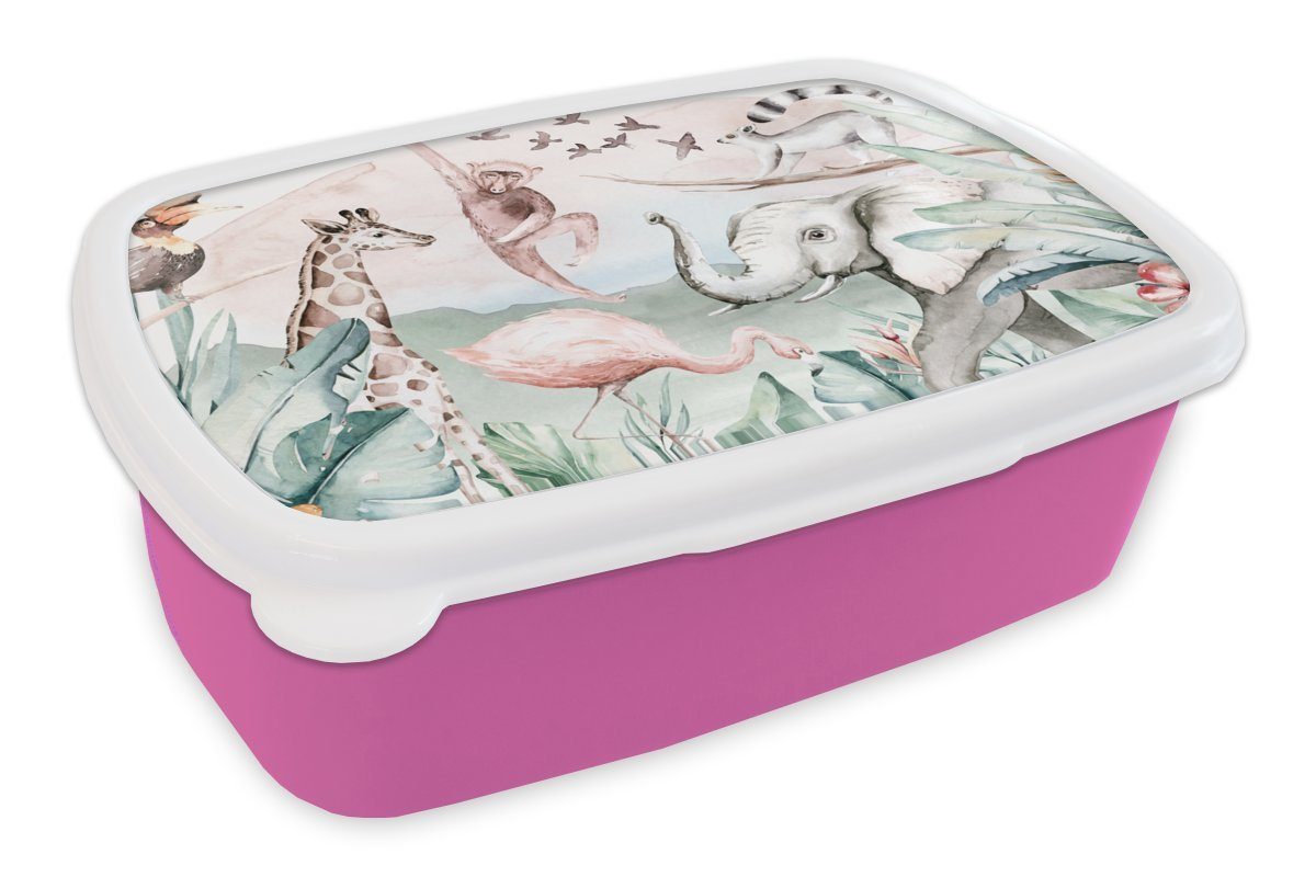 MuchoWow Lunchbox Dschungel - Tiere Kinder, Brotdose rosa - Erwachsene, Kinder Mädchen, - Aquarell für Kinder, Mädchen Jungen - Kunststoff - Snackbox, (2-tlg), Brotbox Kunststoff, 