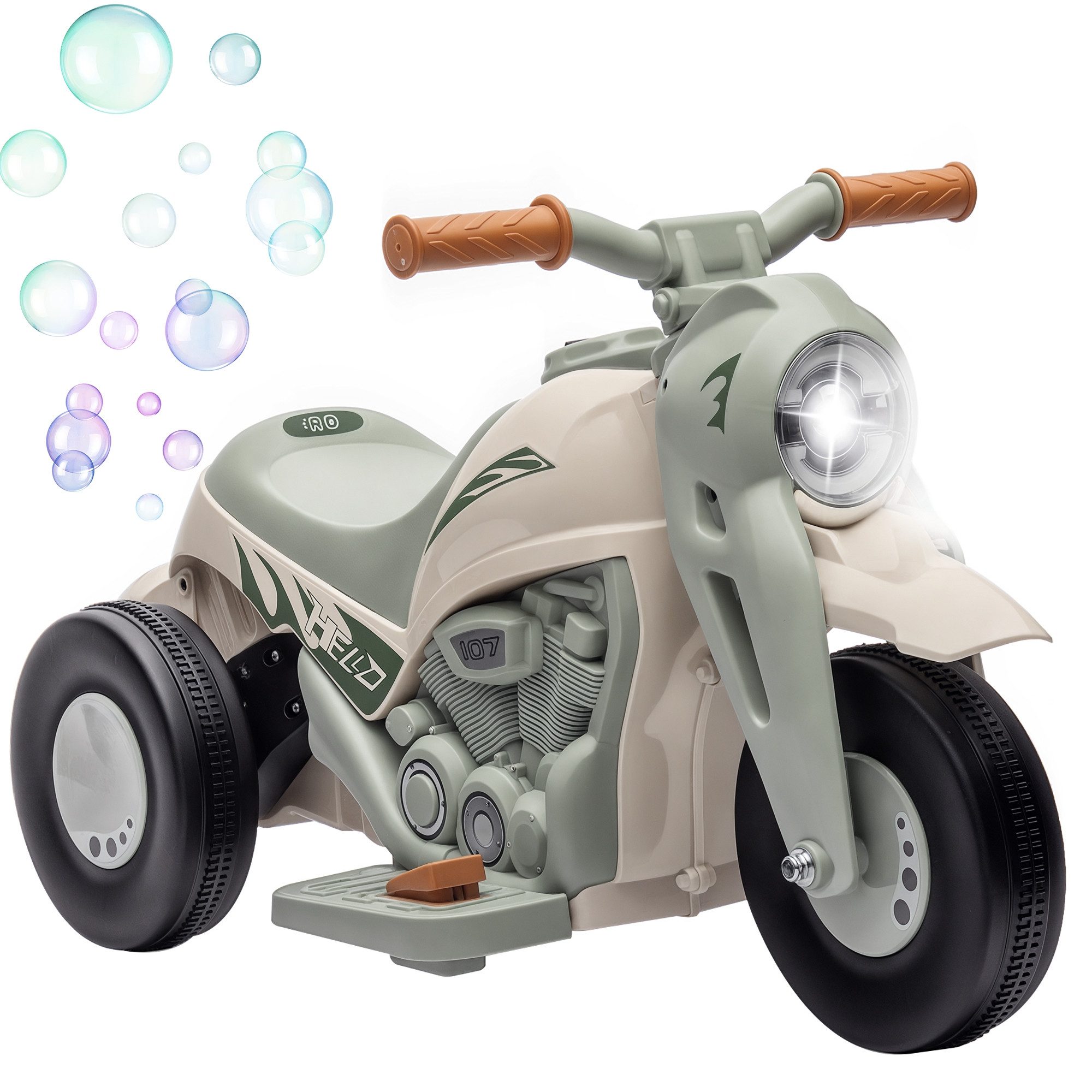AIYAPLAY Elektro-Kindermotorrad 6V Dreirad mit Seifenblasenmaschine, Musik, Elektro Motorrad, Belastbarkeit 30 kg, (1-tlg), 2,5-3 km,h, für 2-5 Jahre Kinder, max. 30 kg, Cremeweiß