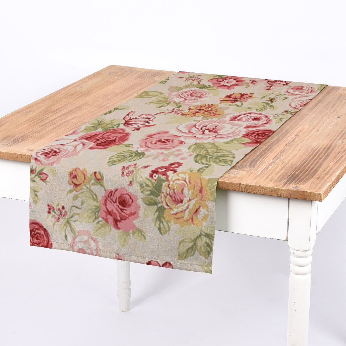 SCHÖNER LEBEN. Tischläufer SCHÖNER LEBEN. Tischläufer Blumen Rosen beige grün rot, handmade