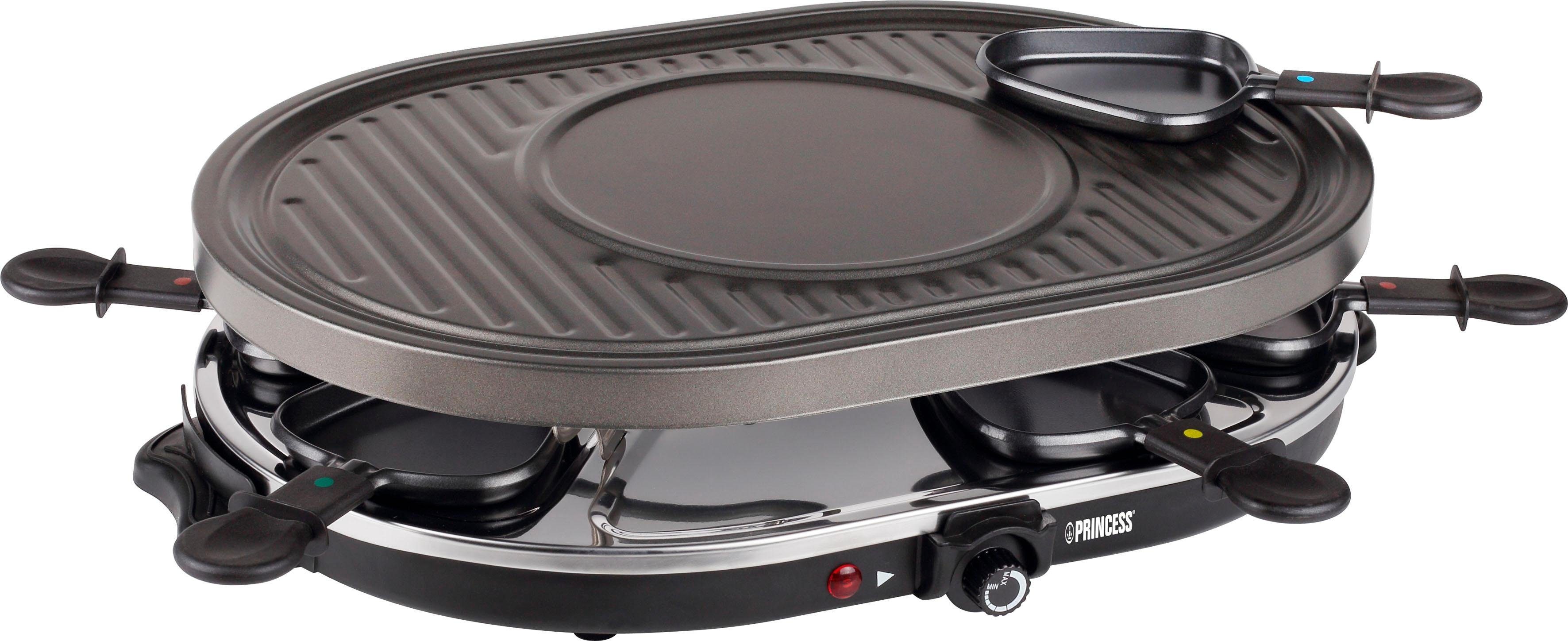 PRINCESS Raclette 162700 - Oval - 8 Pfannen, 8 Raclettepfännchen, 1200 W, Multifunktionale Platte, inklusive 8 Pfännchen und 8 Holzschabern